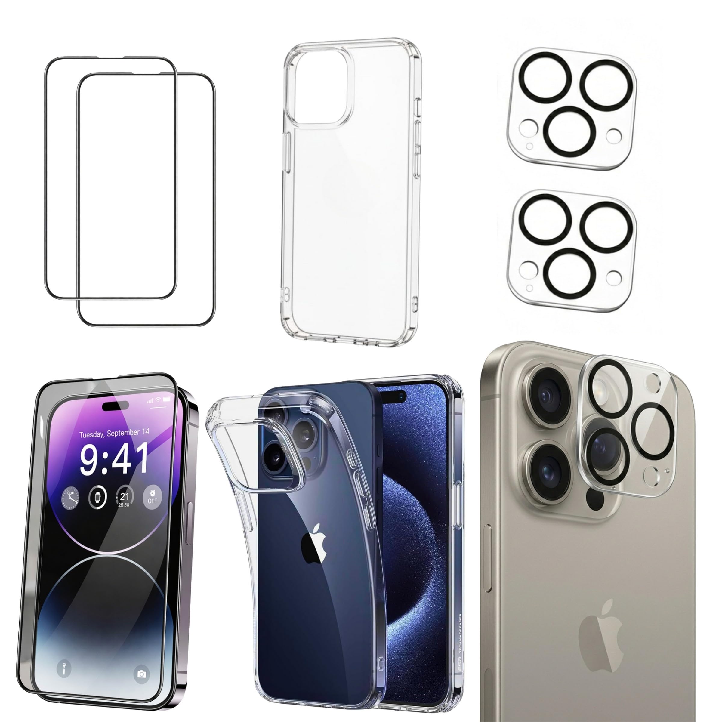 Shatchi Clear 5 In 1 Case For Iphone 15 Pro Max 6.7-Inch With 2 Privacy Screen Protectors And 2 Hd Camera Lens Protectors, 9H Tempered Glass, Not-Yellowing Military Drop Defence Shockproof Phone Cover