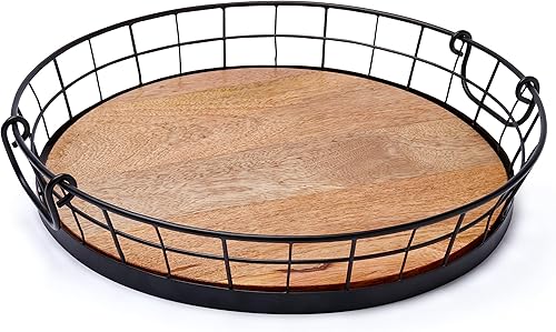 Spectrum Madison - Bandeja redonda de madera de metal con asas para sala de estar, cocina, mostrador otomano, cafetería, mesa de comedor, bandeja
