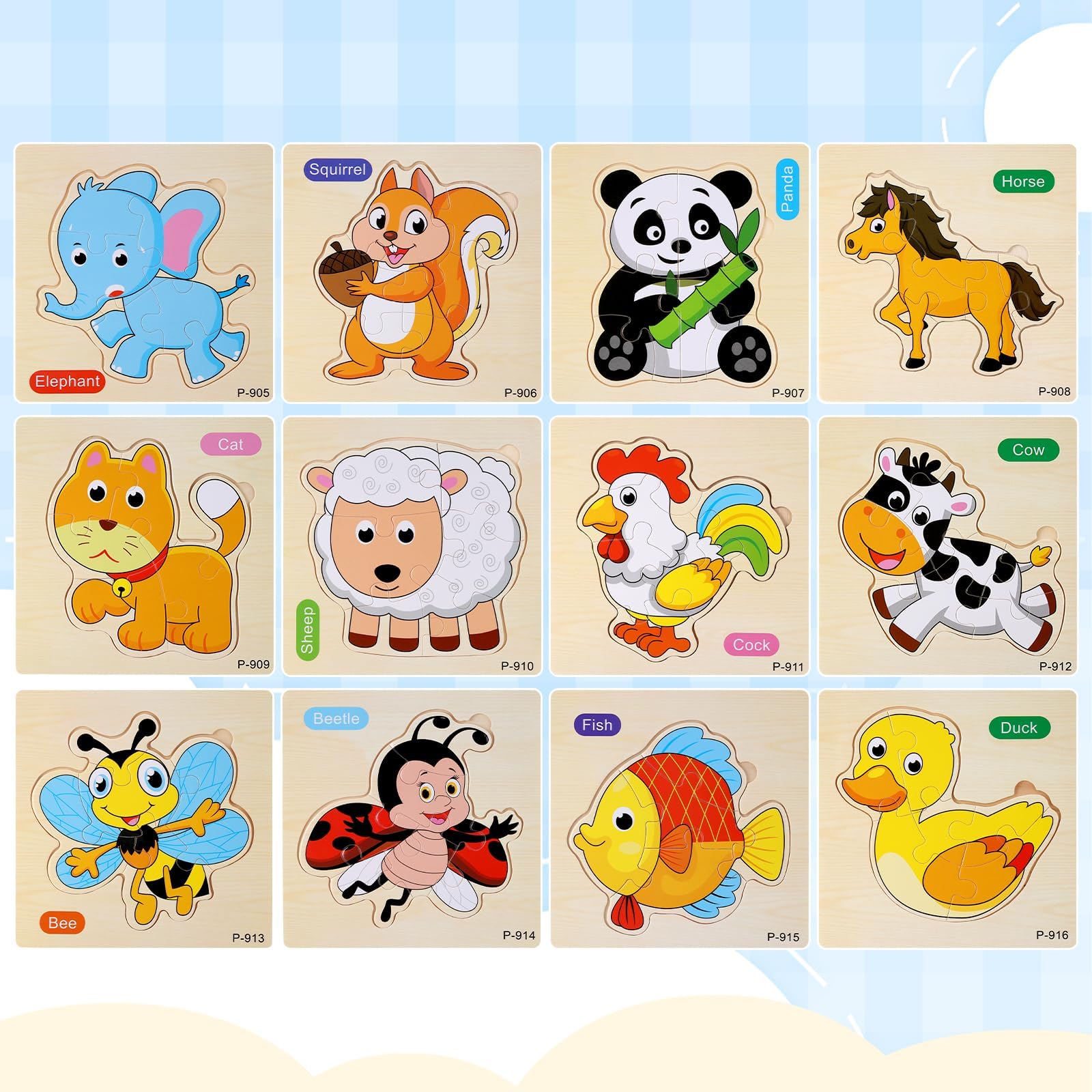 12 Piezas Puzzles de Madera Juguetes Bebes, Juguetes Educativos Montessori, Puzzles Animales Infantil 1 2 3 Año, Rompecabezas Madera para Regalo Cumpleaños Navidad
