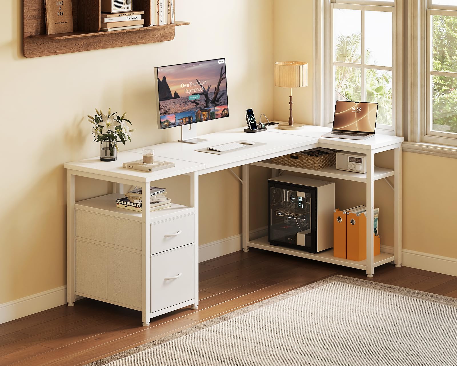 Coleshome Escritorio Esquinero con Cajones de Tela, 140x80cm Escritorio en L con Estantería Reversible, Mesa en L con Enchufes y Puertos USB para Oficina Trabajo en Casa y Juegos, Blanco