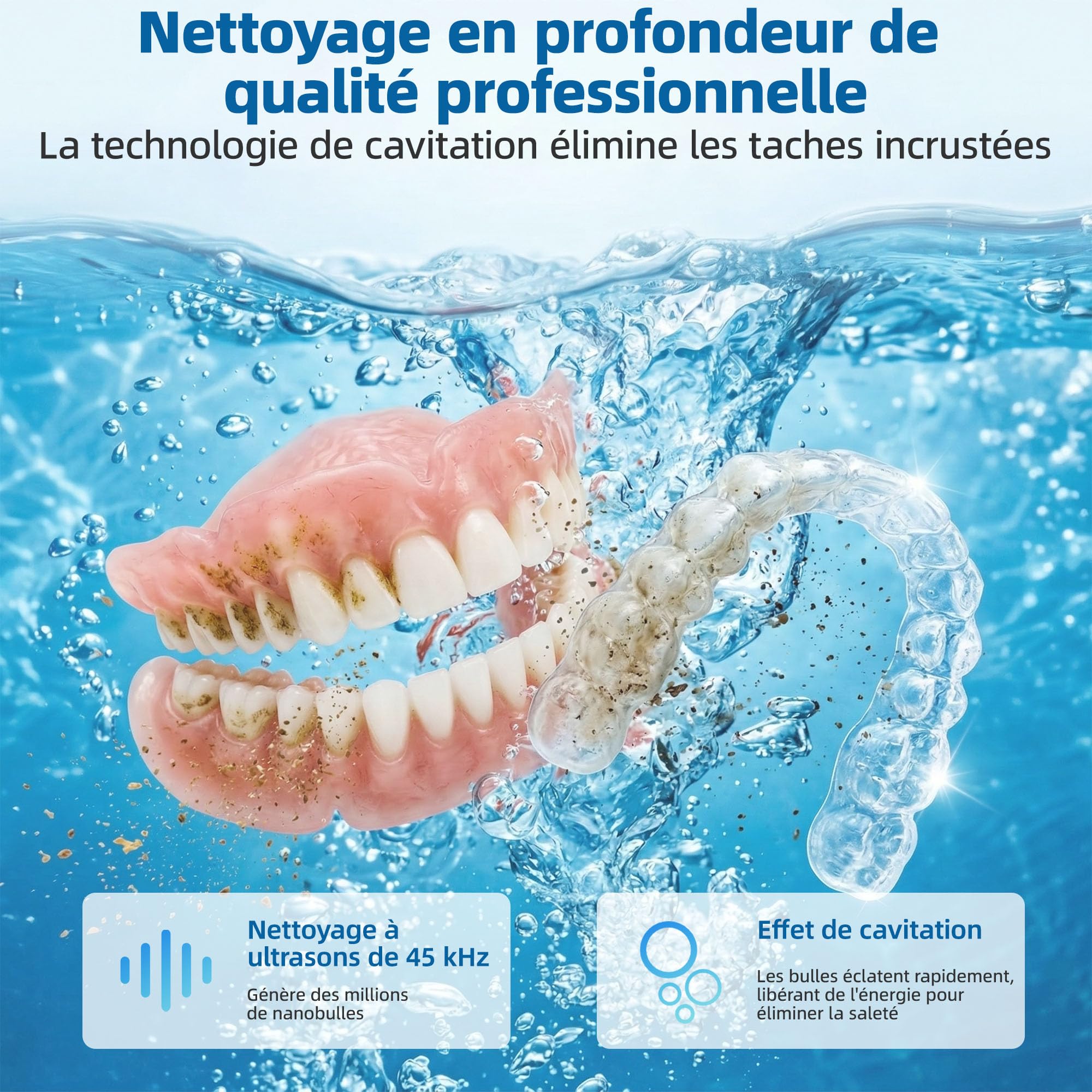 Carehabi Nettoyeur Ultrason Appareil Dentaire, Dental Pod 45kHz, Réservoir Amovible 200mL avec 4 Lumières U-V, Machine Nettoyage Silencieuse pour Gouttière, Invisalign, Dentier et Brosses