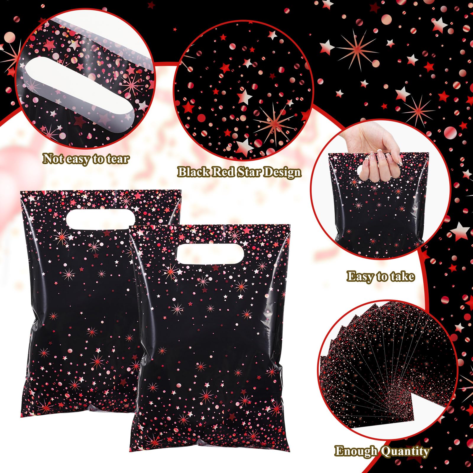 Pasimy 50 Stück schwarze und rote Party-Geschenktüten, gestanzt, Kunststoff, Leckerli-Merchandise-Artikel mit Griff, für Geburtstagsparty, Hochzeit, Brautparty, Babyparty, Weihnachten, Neujahr