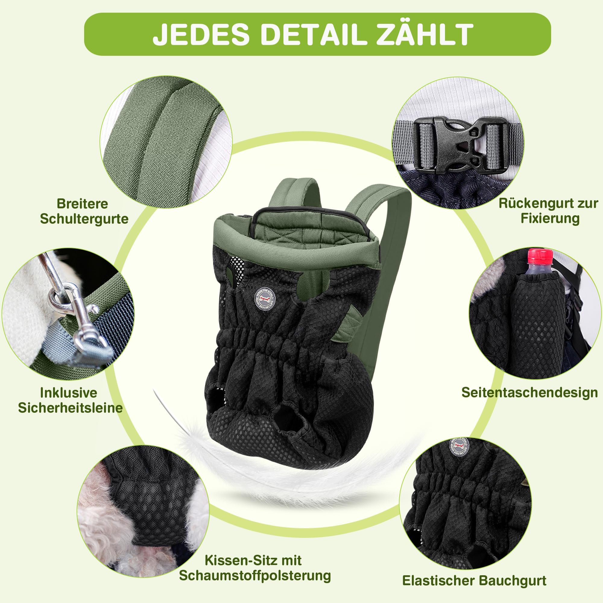 ALLSOPETS Hunderucksack für Kleine Hunde – Leichter, Atmungsaktiver und Bequemer Hunde Rucksack mit Sicherheitsleine, Freihändig für Reisen Wandern Outdoor (Olivgrün, M) | Atmungsaktive Transporttasche mit Sicherheitshaken, bequemer Rucksack für Hunde, fü
