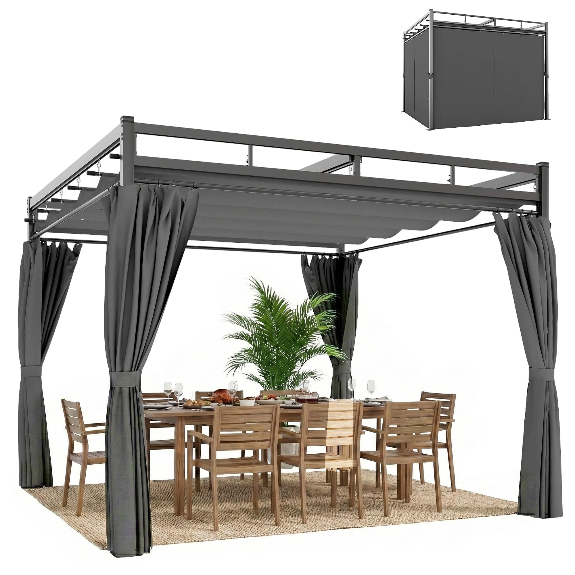 Outsunny Pérgola de Jardín 3x3 m con Techo Retráctil y 4 Cortinas, Cenador de Jardín con Protección UV30+, Impermeable, Estructura Metálica, Pabellón para Patio, Terraza, Exterior, Gris Oscuro