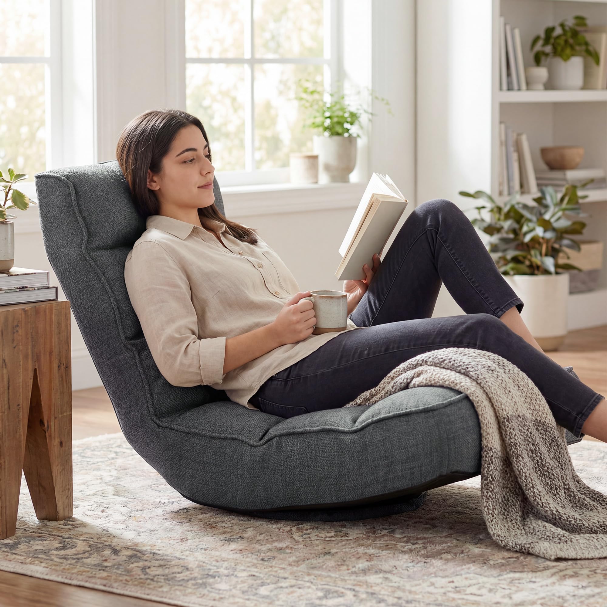 HOMCOM Silla de Suelo Plegable, Silla de Lectura Giratoria 360° con Respaldo Ajustable en 5 Posiciones, Sofá de Suelo de Lino y Acolchado, para Meditación y Gaming, 58x107x79 cm, Gris