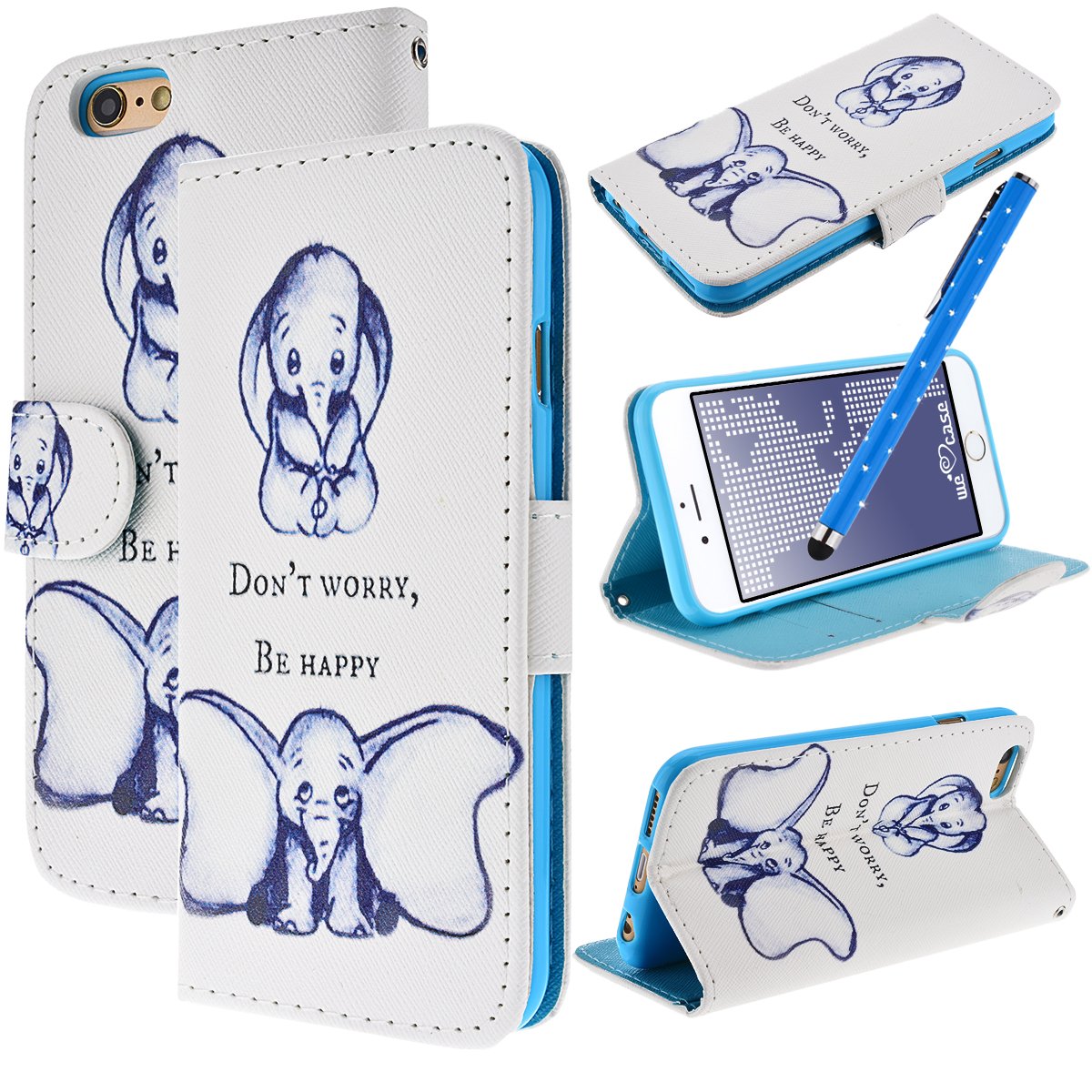 iPhone 6 Case, WeLoveCase Leather iPhone 6S Case Elephant Wallet with Card Holder Kickstand with Stand Animal Flip Cover Soft TPU Case Inside Don't Worry Be Happy Cute Pattern Magnetic Bookstyle Protective iPhone 6 Case Elephant