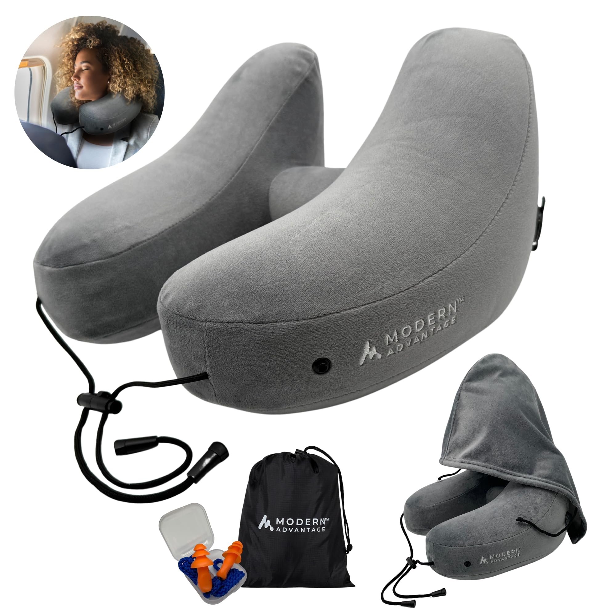 Modern Advantage Inflatable Travel Pillow for Airplanes – Hooded Neck Pillow with Adjustable Support – Comfortable, Compact & Travel-Friendly – Perfect for Sleeping on Long Flights (Grey)