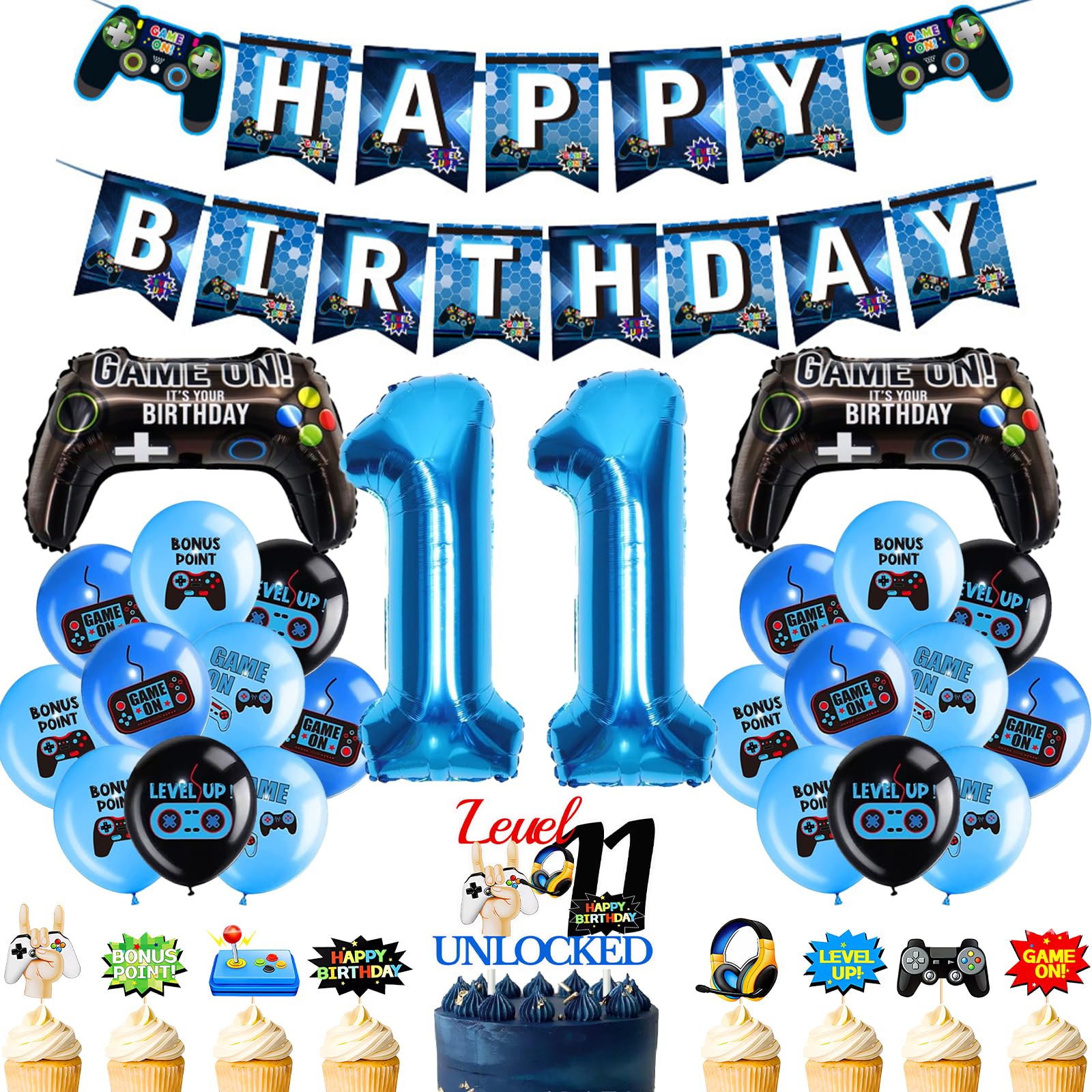 11th Video Game Birthday Decorations - 34 Pcs Blue Happy Birthday Banner Number 11 Balloon Controller Balloons Cool Latex Balloons Cake Topper for Boys Gamer Fans 11 Year Old Party Decoration Supplies