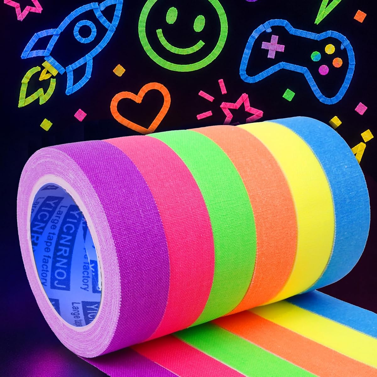 6-Pack 0.6in x 16.4ft Neon Gaffer Tape, Strong & Fluorescent Glow | UV-fluorescent, glow-in-the-dark, blacklight-reactive, removable no residue, for party decoration, dance floors, uv party