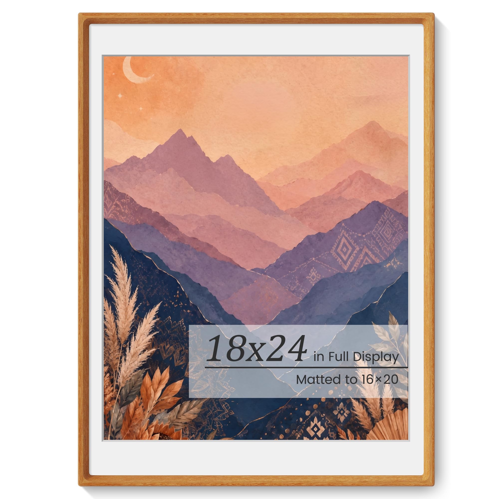 KovaScape Picture Frames, Solid Teak Wooden Frame,Round Corner Hand Craft Poster Frame, 18x24 Matted to 16x20, 18 by 24 Frame with HD Real Glass,Wall or Tabletop Display for Family Picture Artwork