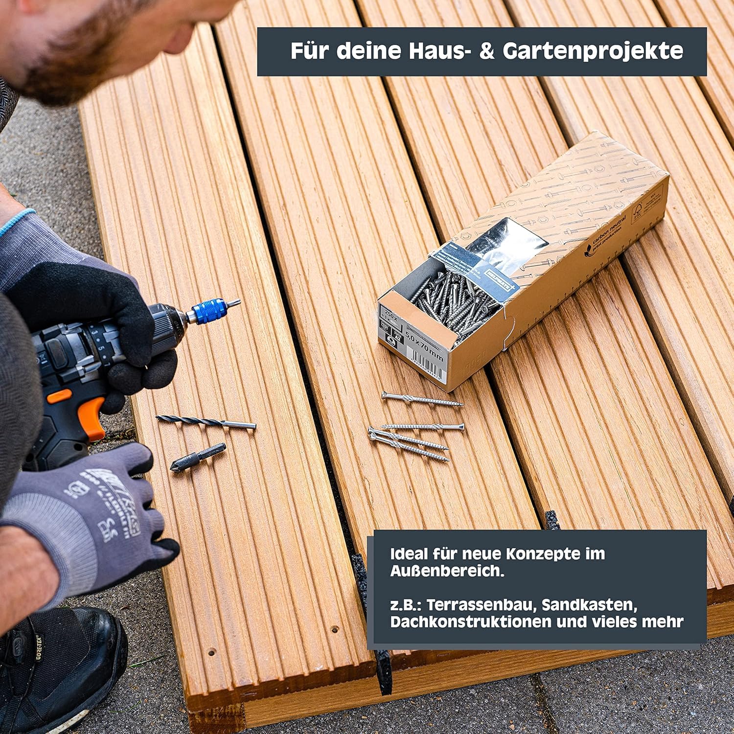 HELPMATE – Terrassenschrauben 5x60 mm Edelstahl A2 Rostfrei – 50 Stück Dielenschrauben + 1 T25 Bit – Terrassendielen Schrauben für den Außenbereich
