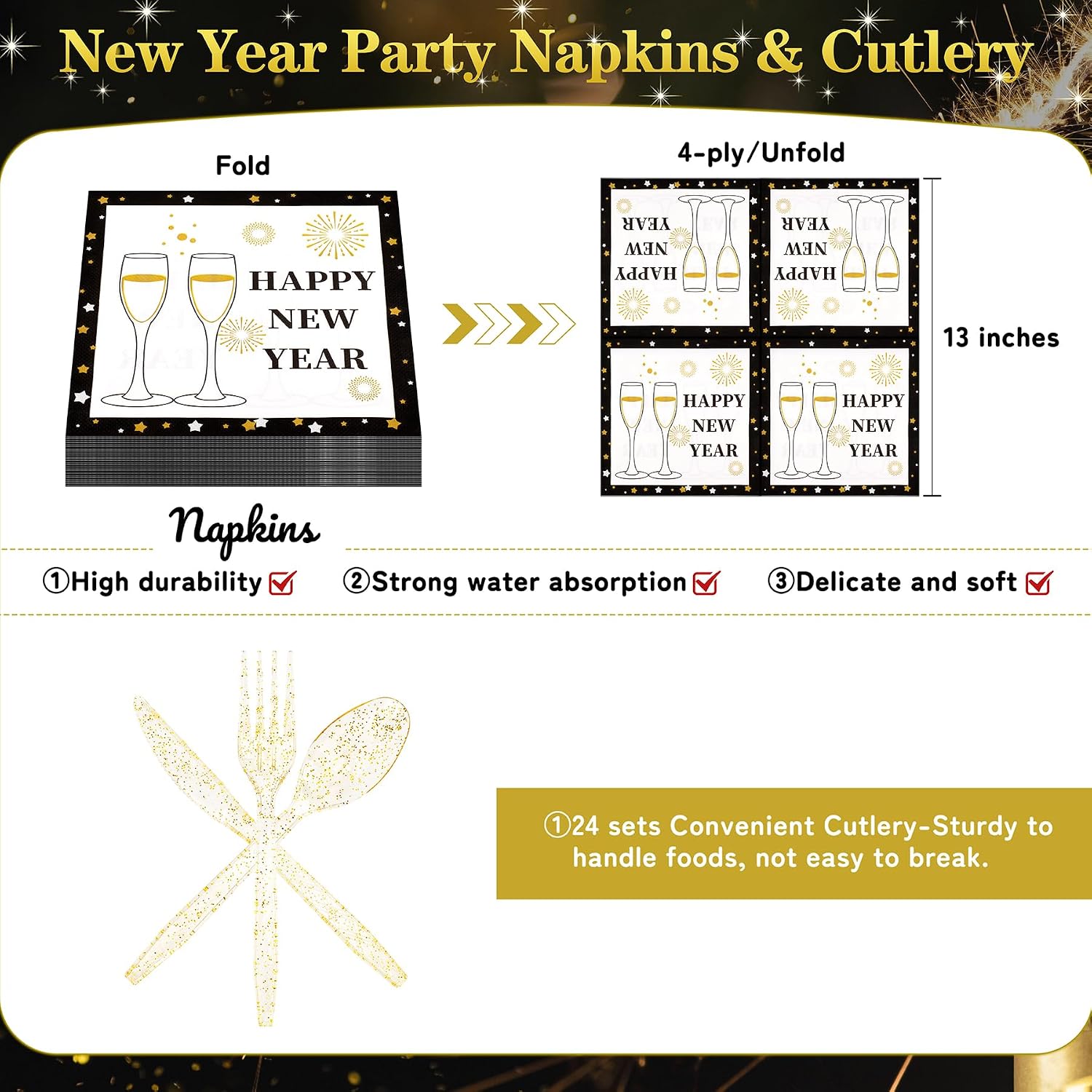 168pcs Happy New Year Party Supplies, Black and White Paper Plates Napkins Cups and Transparent Gold Cutlery for 24 Guests, 2026 New Year Disposable Tableware Supplies for Party Decorations image 4
