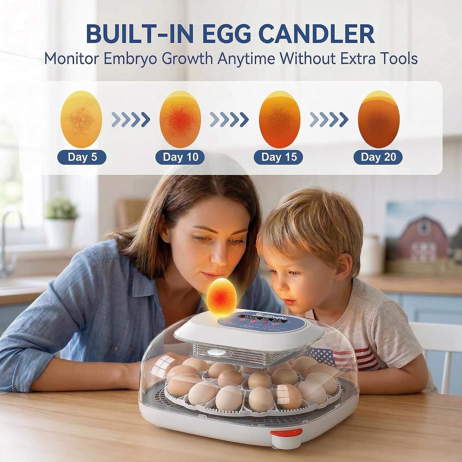 Sailnovo 24 Egg Incubators for Hatching Eggs - Automatic Temperature Control and Egg Turning, Egg Candler, 360° Clear View Incubator with 4 Hatching Modes for Chicken, Duck, Quail Eggs (Blue)