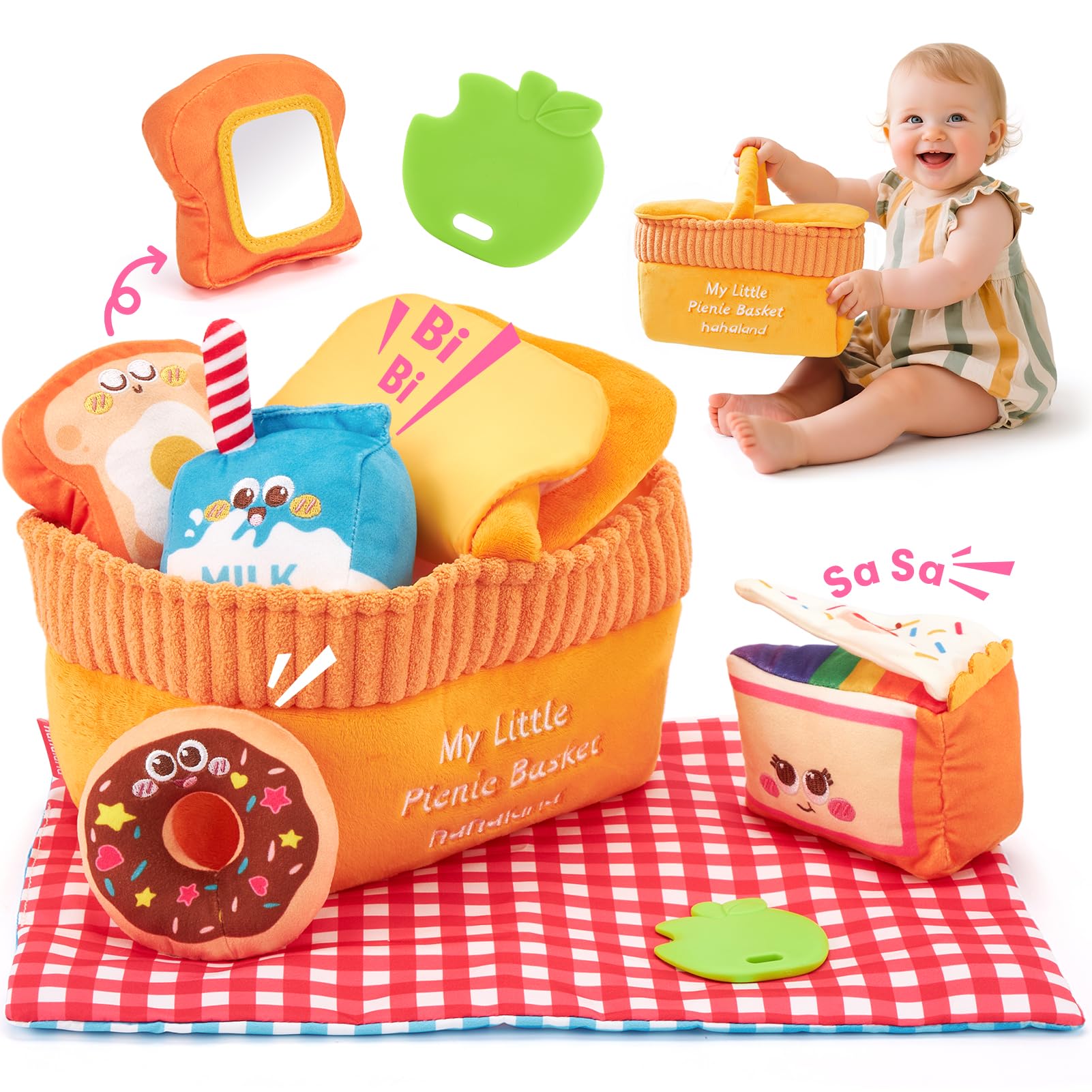 hahaland Jouets BéBé 6 à 12 Mois Peluche Sensorielle Pique-Nique – Jouet Eveil Bebe Voyage Doux Lavable avec Anneau Dentition sans BPA, Hochets, Miroir Montessori Cadeau Enfant 1+ an