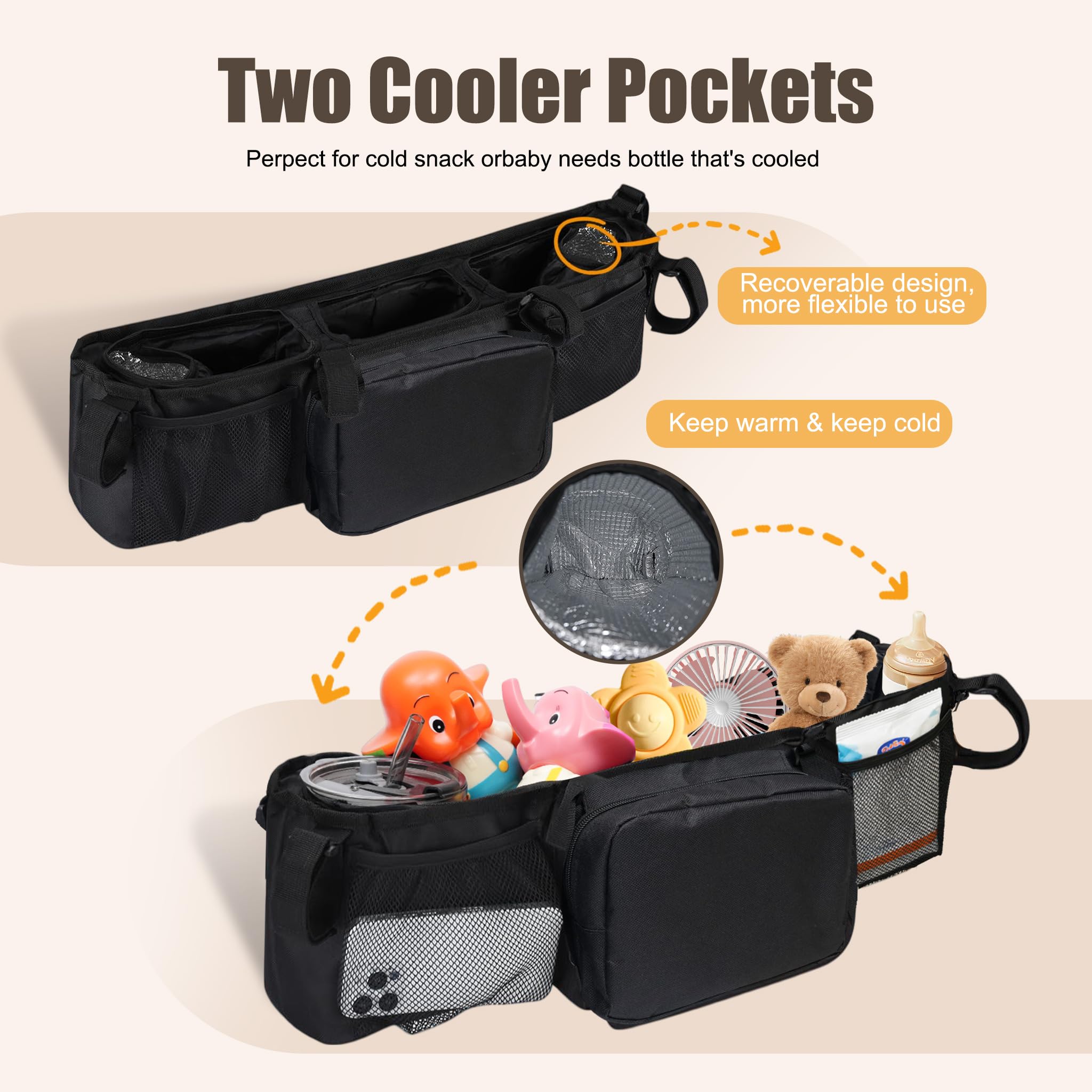 Double Stroller Organizer with Strong Holding Power and 2 Cooler Pockets,Stroller Caddy compatible with Bob Double Stroller and Baby Jogger City Mini GT2,Compatible with most Stroller Organizers - 4