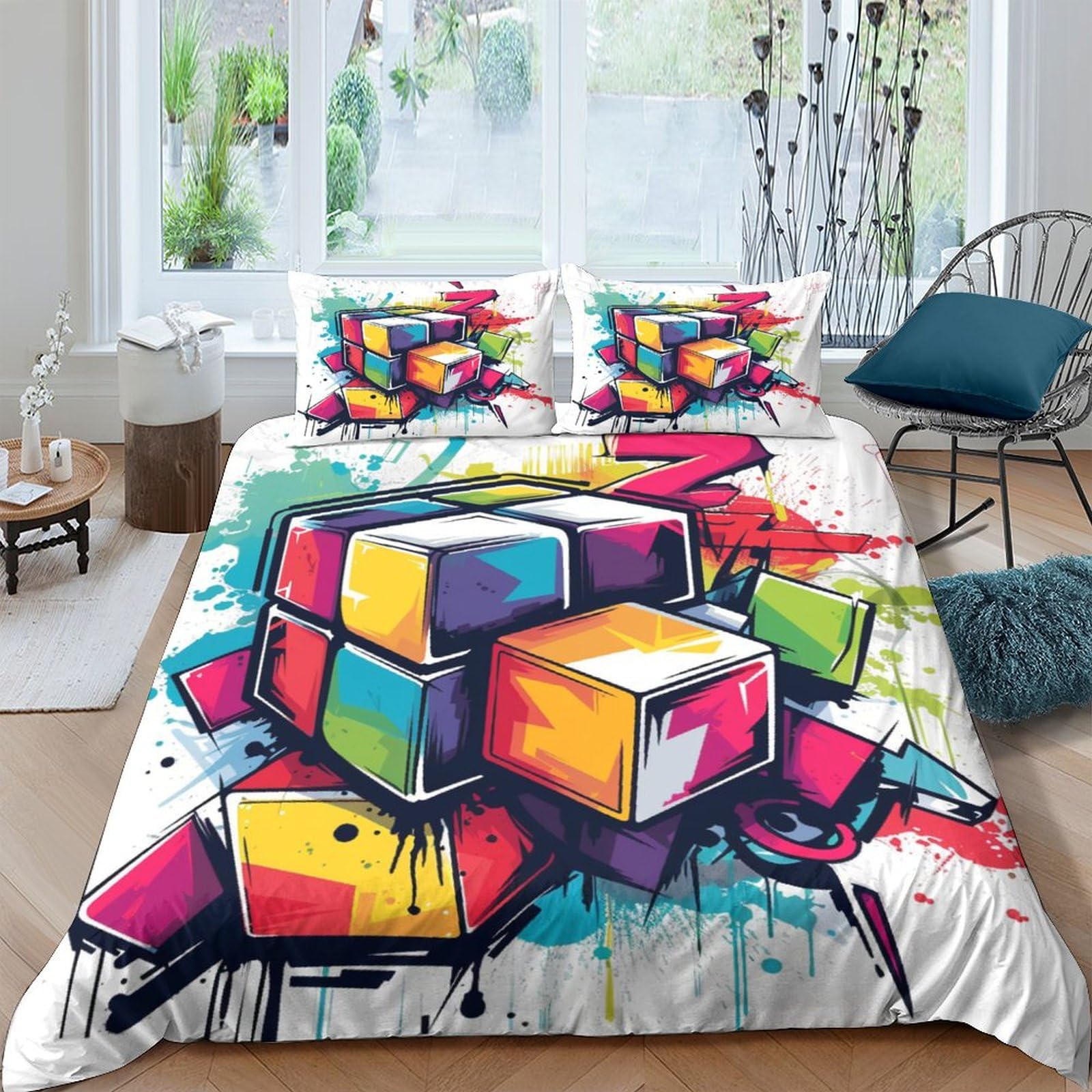 Parure de lit 3 pièces graffiti housse de couette king size impression 3D microfibre