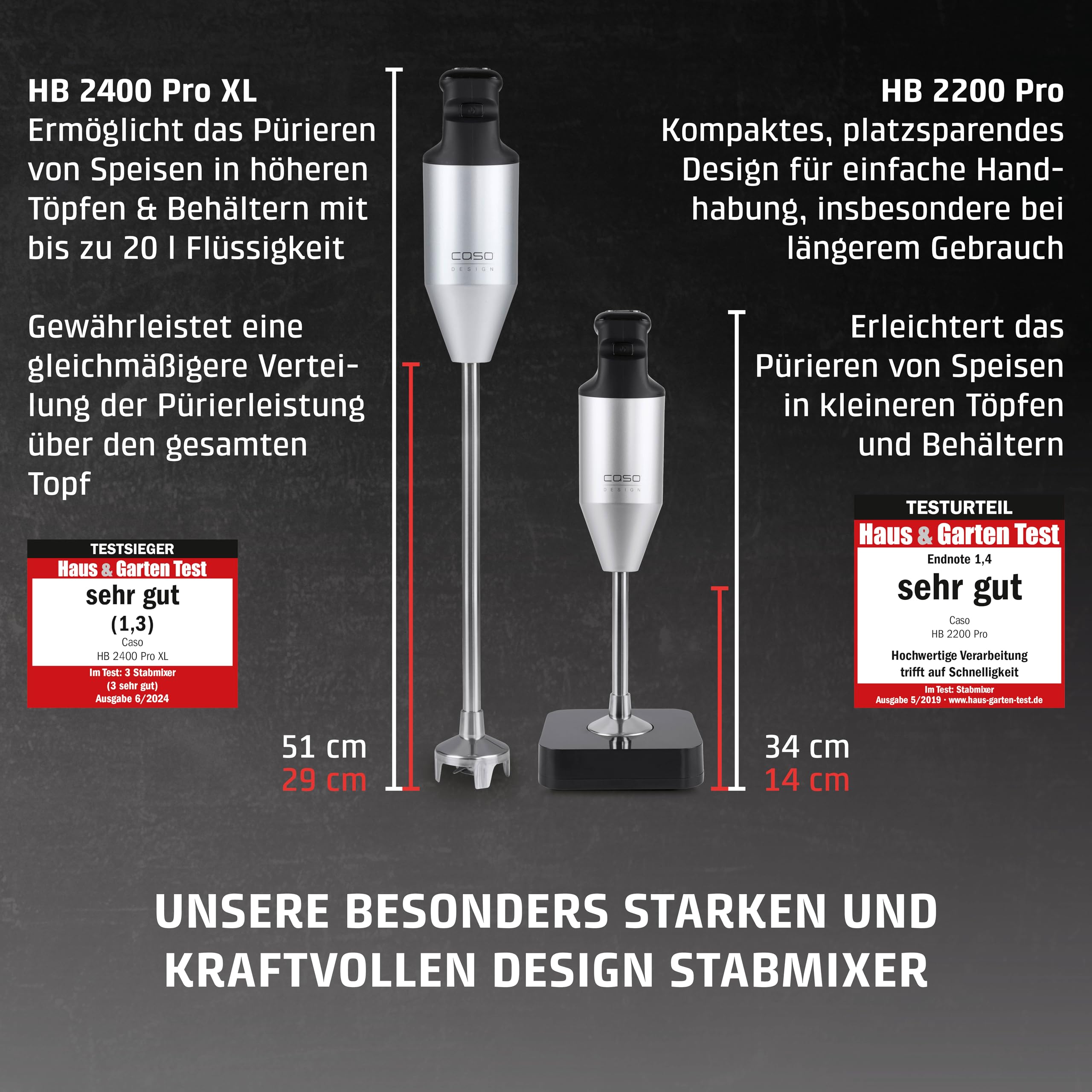 CASO HB 2400 Pro XL-Design Stabmixer Inkl. Zubehör, Testsieger Haus & Garten Test, Mixen, Rühren, Quirlen, Pürieren, Edelstahlstab (29cm), leistungsstarke 24.000 U/min