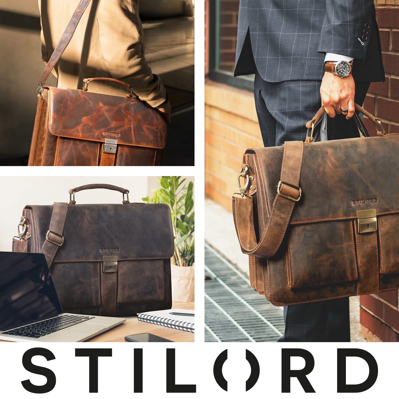 STILORD Eros Maletín de Cuero de 15,6 Pulgadas portátil Bolso de Negocios Bandolera Gran Bolso de Trabajo XL Cuero Vacuno Auténtico Color:Sepia - marrón
