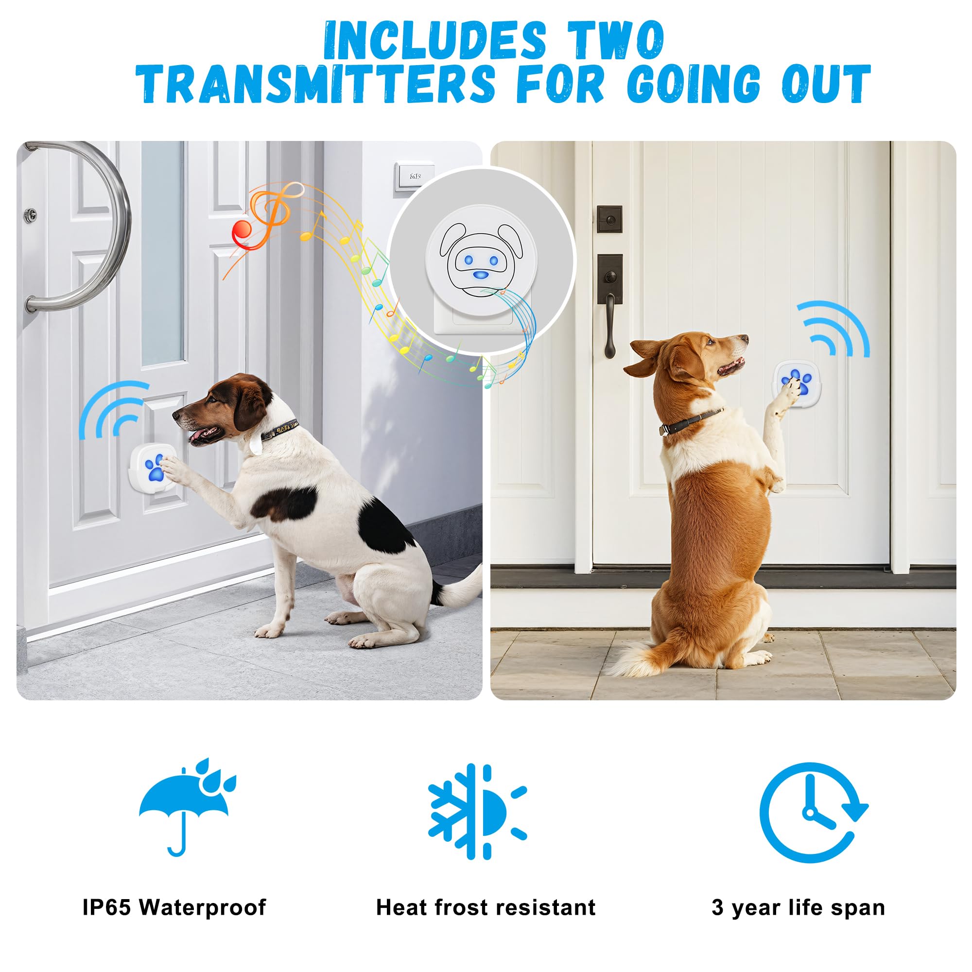 Timbre para Perros, Timbre Inalámbrico para Salir al Exterior, Botones Impermeables IP55, 55 Melodías, 4 Niveles de Volumen y Alcance de 168 m (Blanco, 2 Receptores 2 Transmisores)