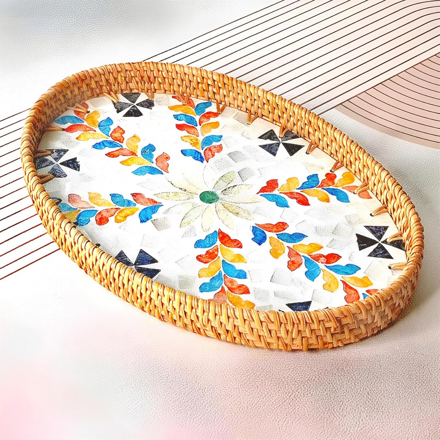 i-lan 3-Pack Oval Rattan Serving Trays with Mother of Pearl Inlay, 13/12/11 Inch Woven Platters for Home Decor, Coffee Table, Display, and Entertaining - Image 3