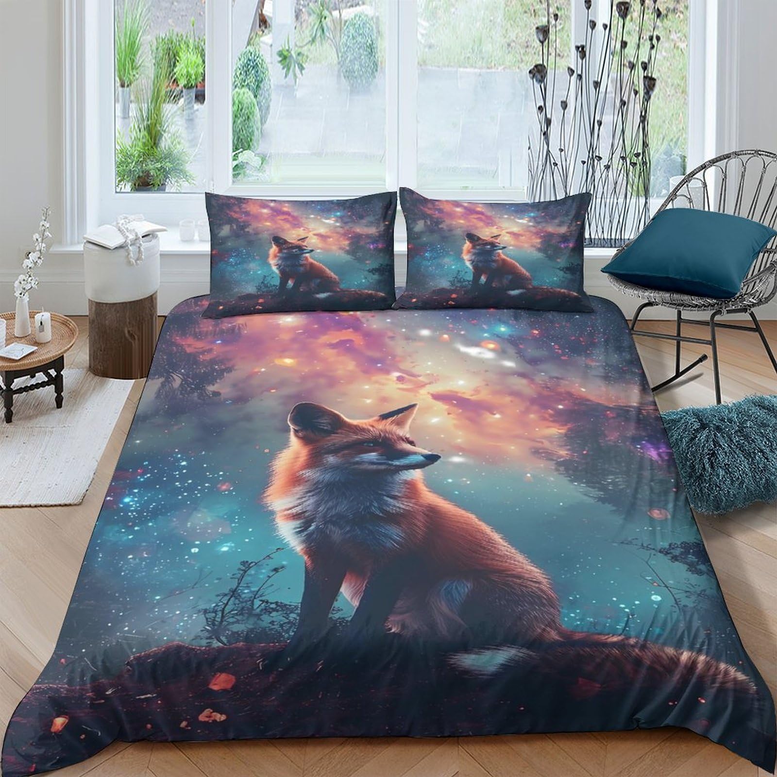 TUFRTGYHN 3D Printed Fox Forest Duvet Cover Microfiber Soft Breathable Dreamy Sunset Bedding Set with 2 Pillowcases for Bedroom Decor Single（135x200cm）