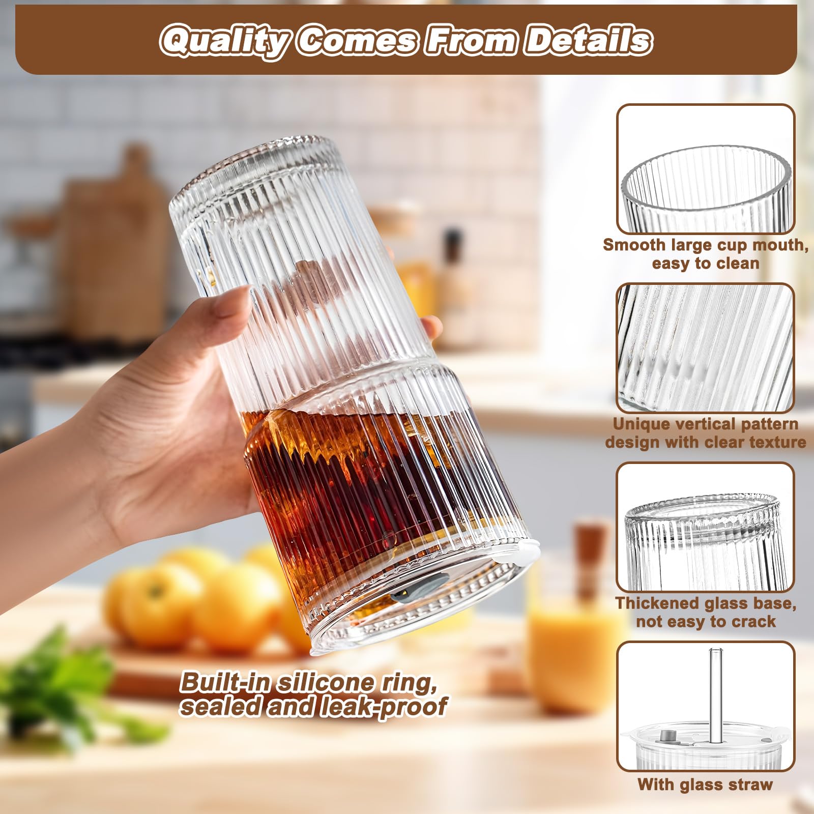 Bicchieri In Vetro A Coste Con Coperchio E Cannuccia - Set 600 Ml Per Birra 920968
