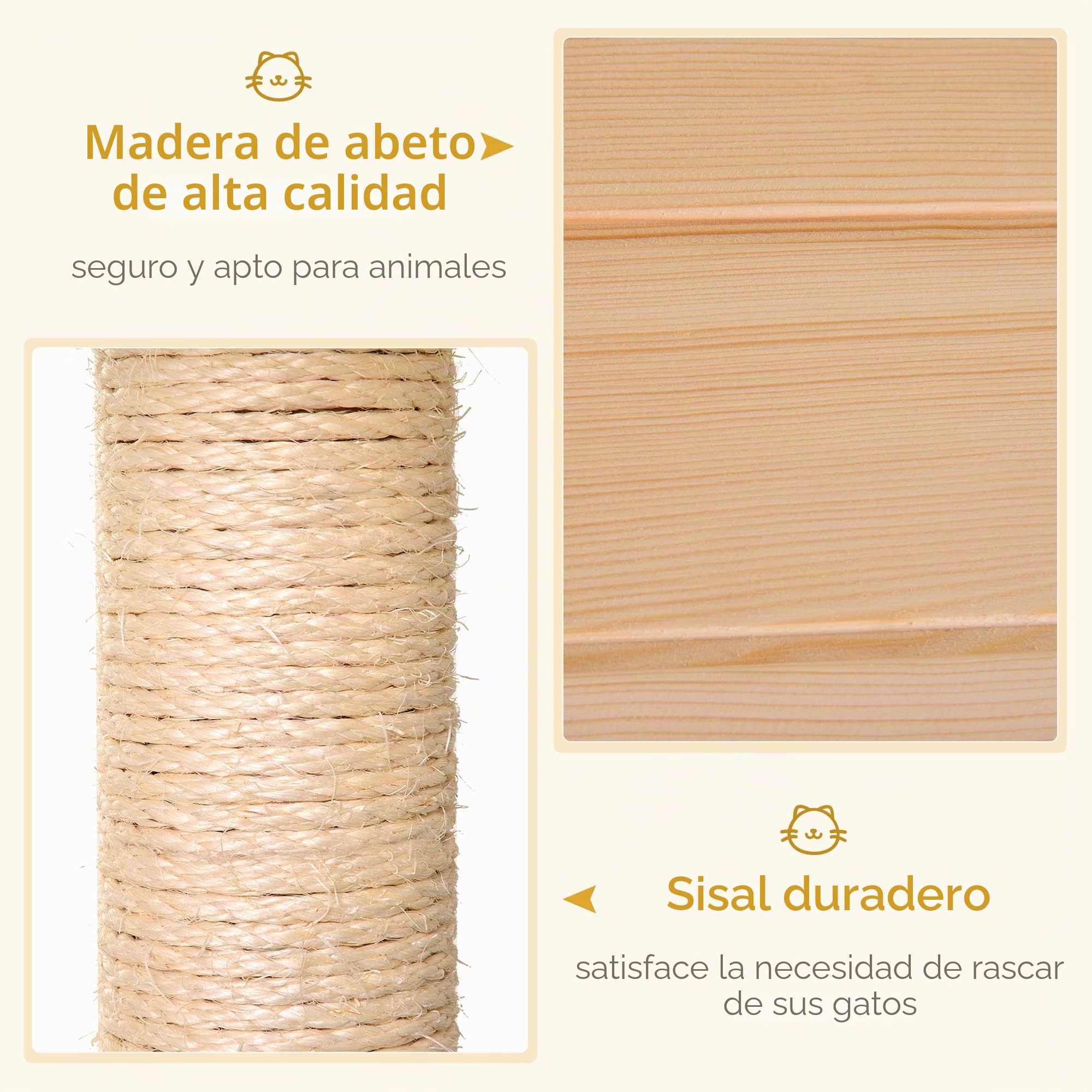 PawHut casa para Gatos con Hamaca, Caja para Gatos con Tronco de sisal, Cueva para Gatos, árbol para Gatos, Centro de Actividades para Gatos, Madera de Abeto, Natural, 70 x 35 x 60 cm