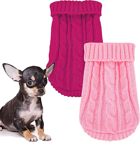 Juego de 2 suéteres para perro y gato, suéter de punto de cuello alto cálido de invierno, ropa de perro para niña, suéteres de punto rojos lindos