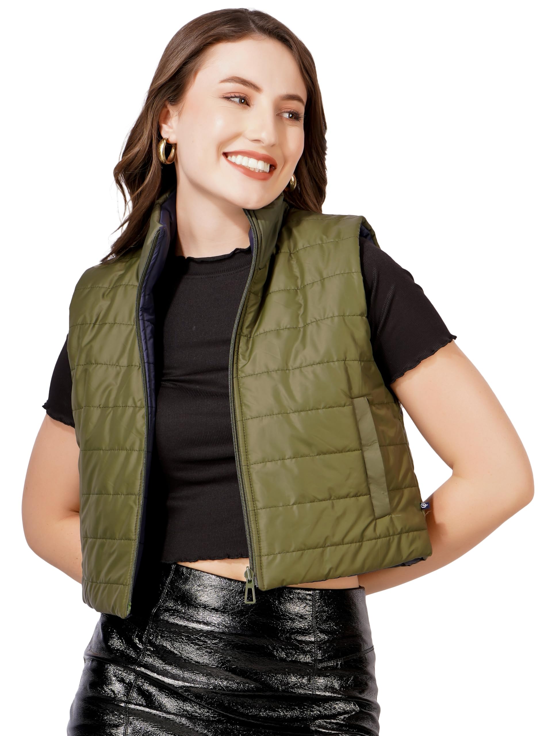 Women Reversible Quilted Crop Sleeveless Jacket | Women’s Polyester Reversible Puffer Vest for Casual & Outdoor Wear