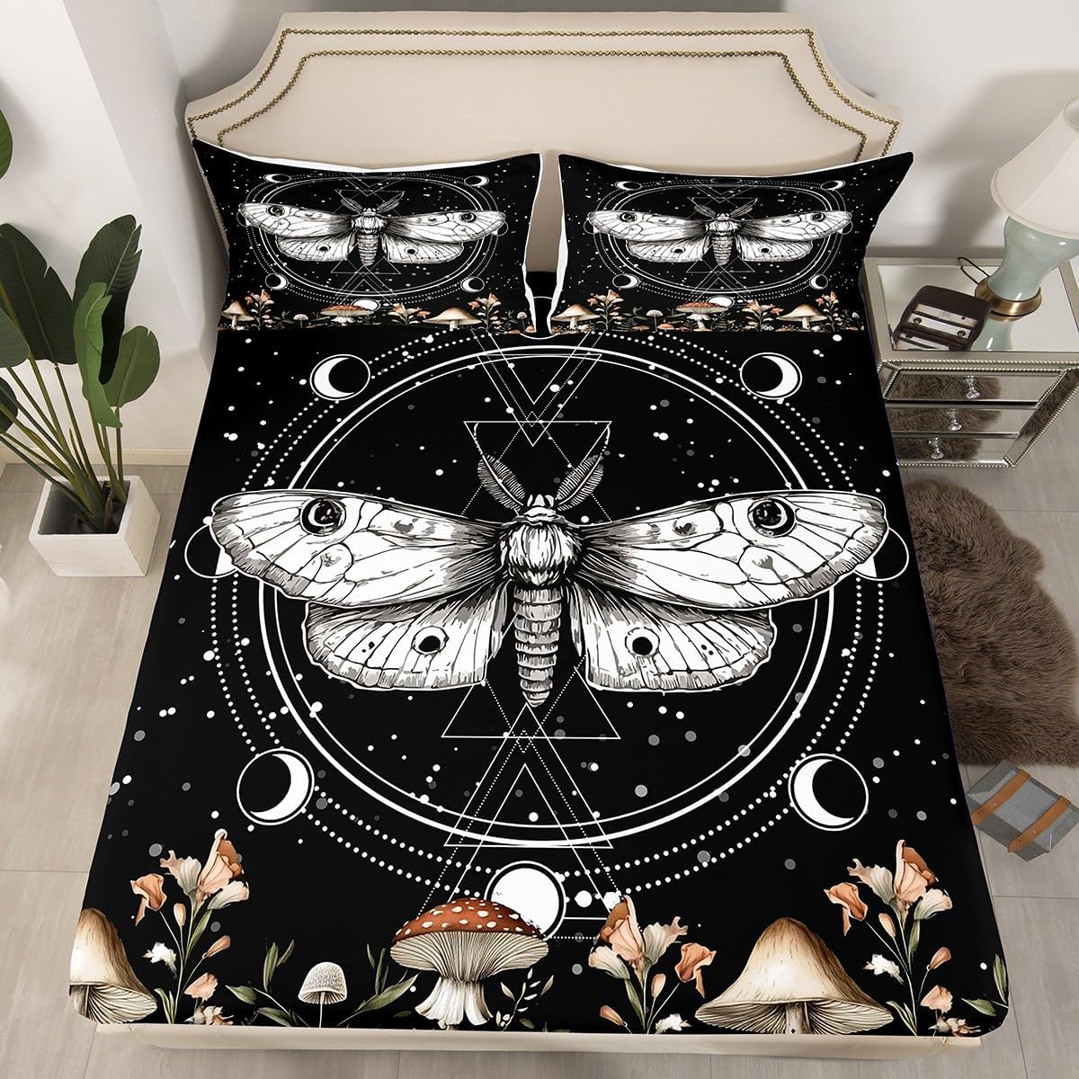 Bohemia Moth Fitted Sheet Full Size Exotic Constellation Bedding Set for Kids Boys Girls Teens Mushroom Botanical Leaves Bed Sheet Set Butterfly Animal Bed Cover Room Decor,No Top Sheet