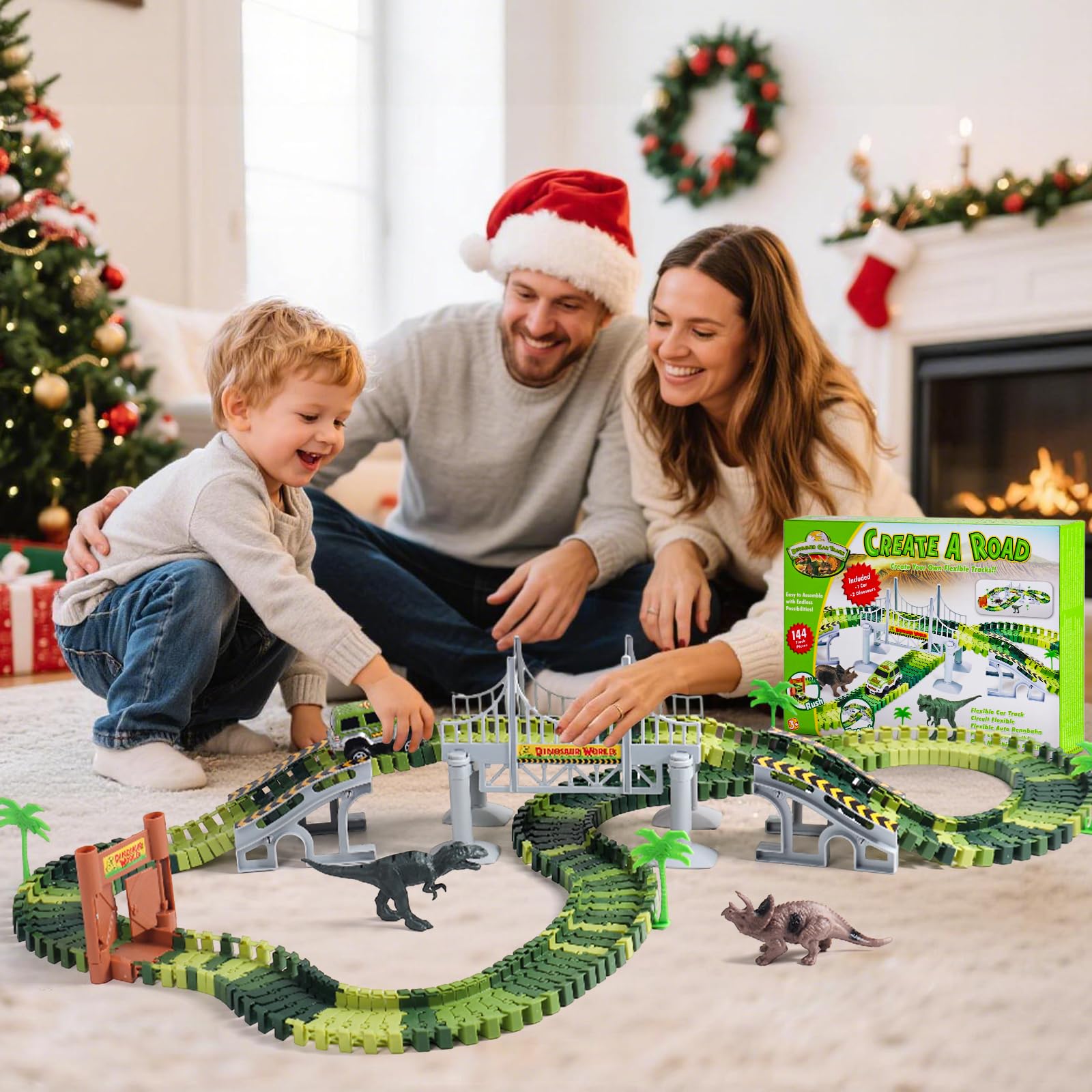 Circuit Voiture Enfant Dinosaure Flexible Tracks Car Jouet De Piste 142Pièces Cadeau Garcon, Train Electrique Educatif Jouet Fille 3 4 5 6 Ans