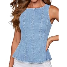 Women's Denim Peplum Tank Top, Summer Stretch Sleeveless Slim Jean Blouse with Contouring Seams and 4/5 Back Zipper