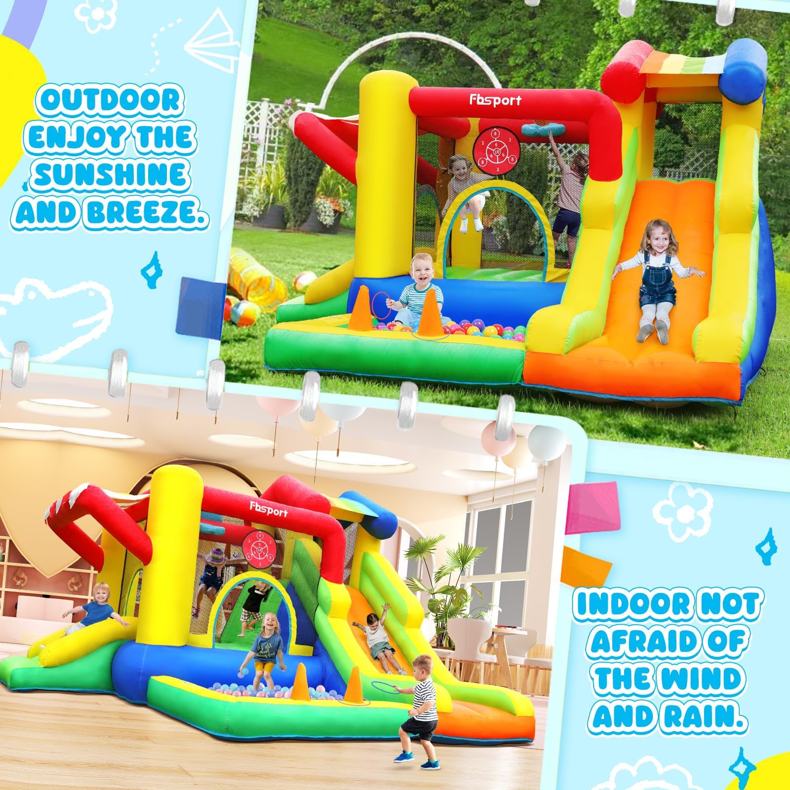 FBSPORT Hüpfburg Kinder Indoor Outdoor mit Doppelrutsche, Trampolin, Bällebad, Kletterwand, Fußballtor und Basketballkorb, Belastbar bis 135 kg, 322 × 305 × 208 cm