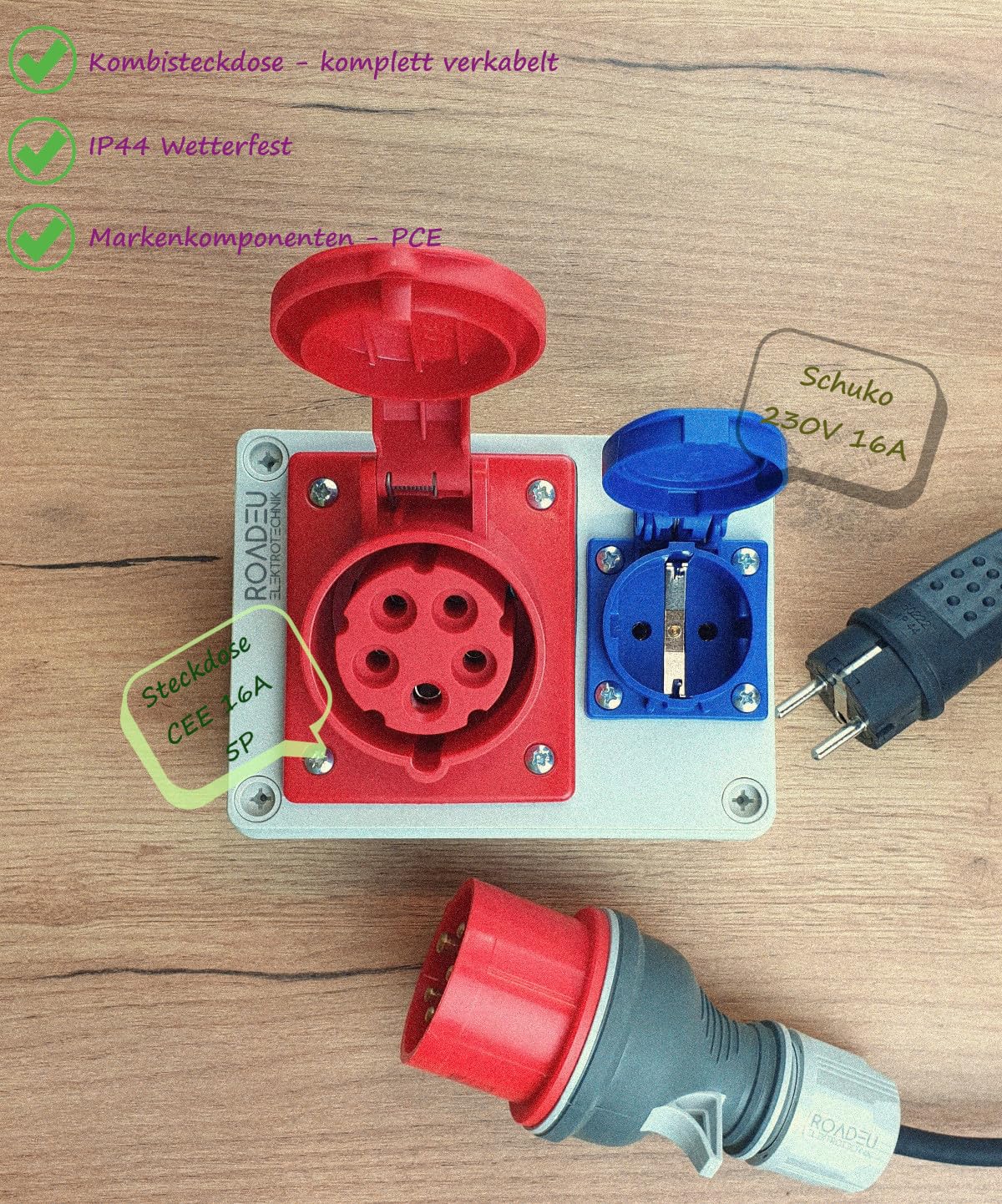RoadEu - Distribuidor de pared 16A 5P - Enchufe CEE con Schuko 230V - Toma de pared combinada, IP44, totalmente cableado. Ideal para Taller, Cobertizo y Fábricas