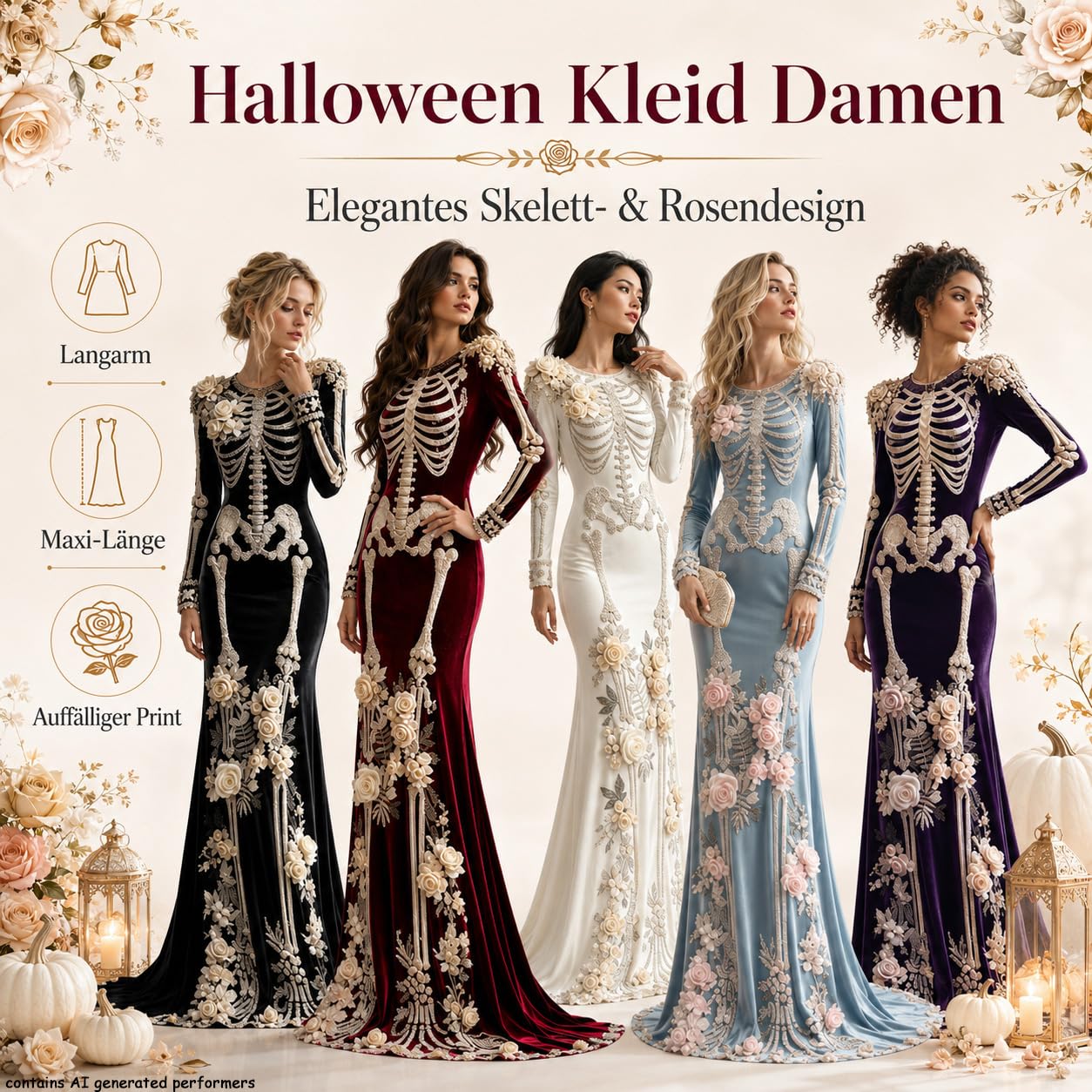 Abito di Halloween da donna con scheletro a maniche lunghe, maxi abito