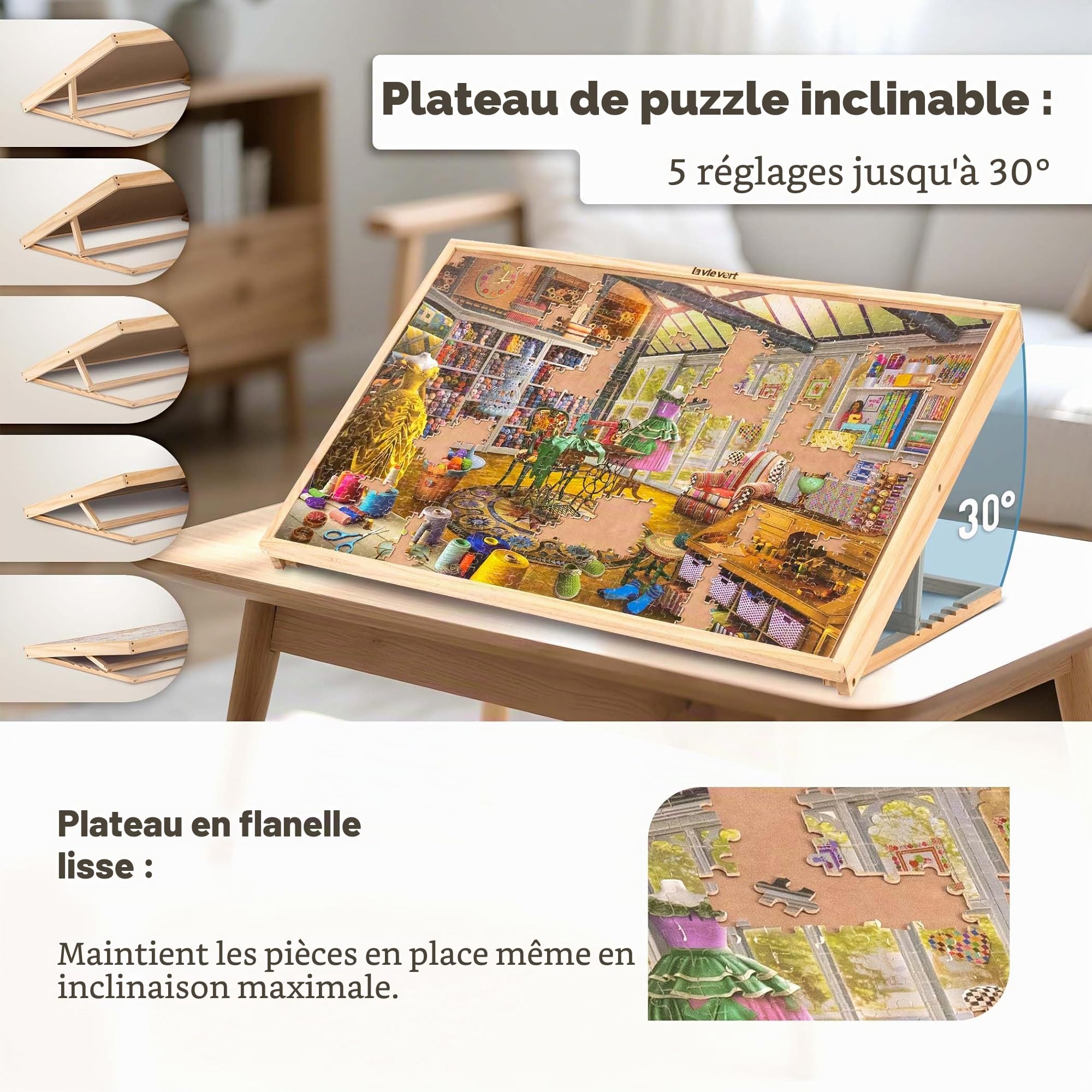 Lavievert Planche de puzzle inclinable de 1000 pièces, table de puzzle réglable avec housse en feutre, planche de rangement pour puzzle avec 6 plateaux de tri colorés
