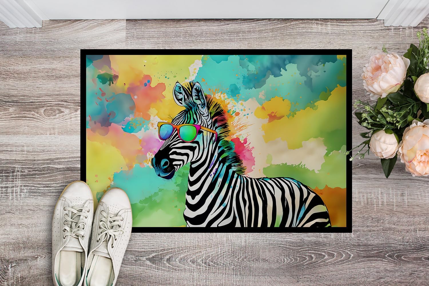Caroline's Treasures DAC4053JMAT Hippie Animal Zebra Doormat Front Door Mat Indoor Outdoor Rugs for Entryway, Non Slip Washable Low Pile, 24H X 36W