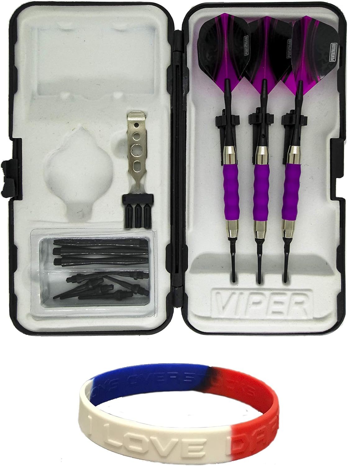 sure grip Viper Purple Soft Tip Darts with Dart Case & Accessories Choice of Flights 16 or 18 Grams Plus I Love Darts Bracelet (Pentathlon Vizion Swish Standard, 16)