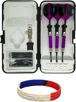 sure grip Viper Purple Soft Tip Darts with Dart Case & Accessories Choice of Flights 16 or 18 Grams Plus I Love Darts Bracelet Pentathlon Vizion Swish Standard, 18