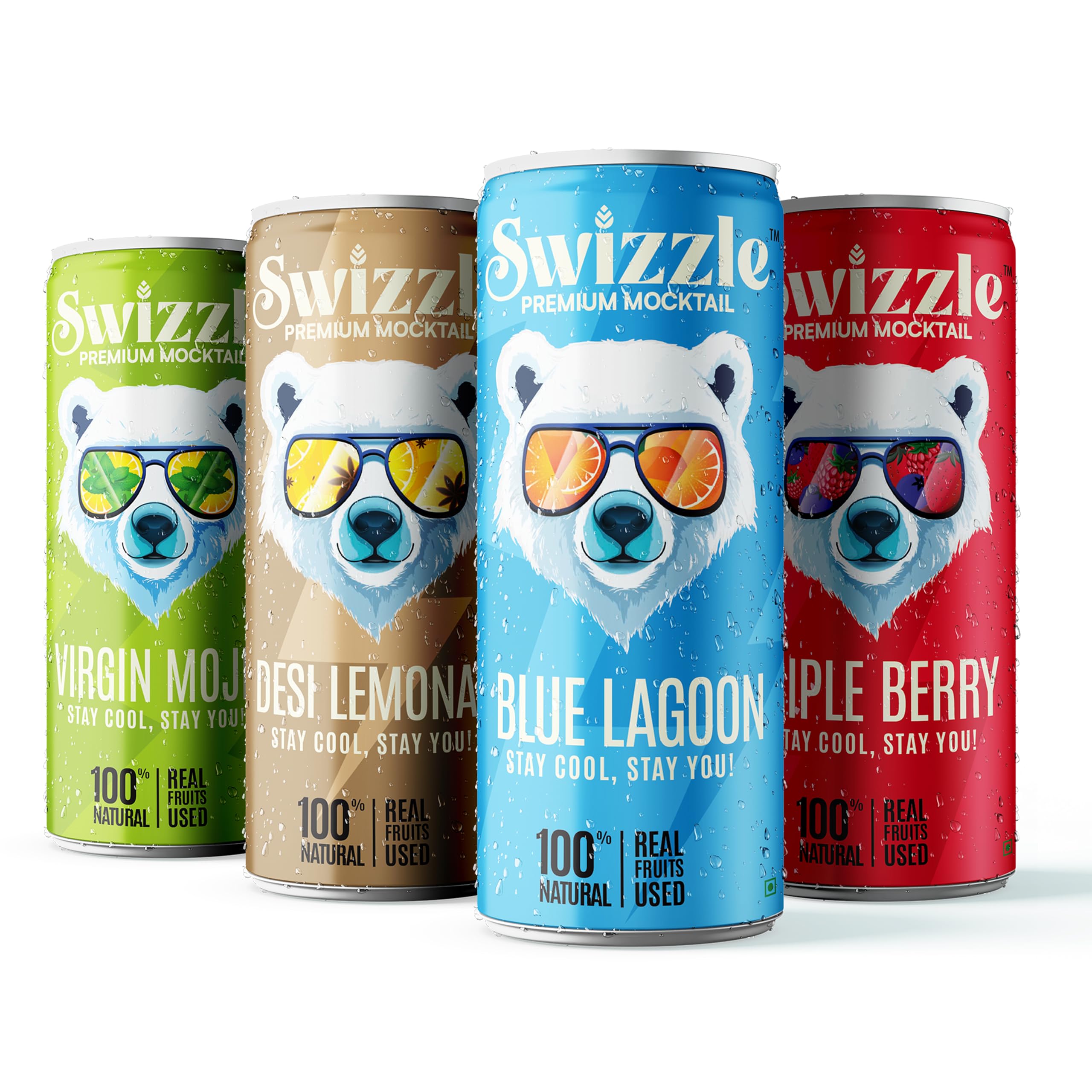 Swizzle Mocktail Assorted Pack | Virgin Mojito, Blue Lagoon, Desi Lemonade, & Triple Berry | Premium NonAlcoholic Beverages | 250 ml Cans | Variety Flavor Pack (Pack of x 4 (4x1))