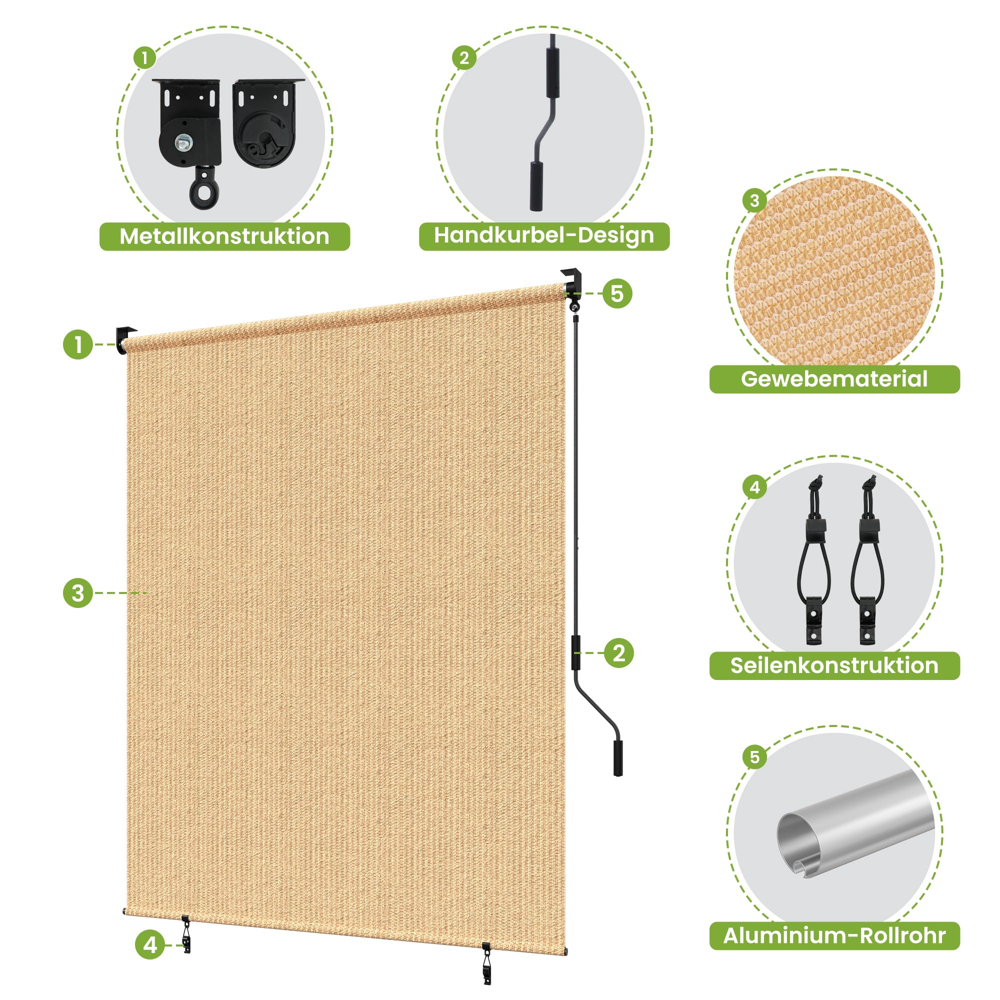 BelleMax Außenrollo Senkrechtmarkise Außen, Khaki (HDPE), 244x244cm(BxH), HDPE, aussenrollo Wetterfest Windschutz Sichtschutz, sonnenschutzrollo Outdoorrollo, Vertikalmarkise für Terrasse & Balkon