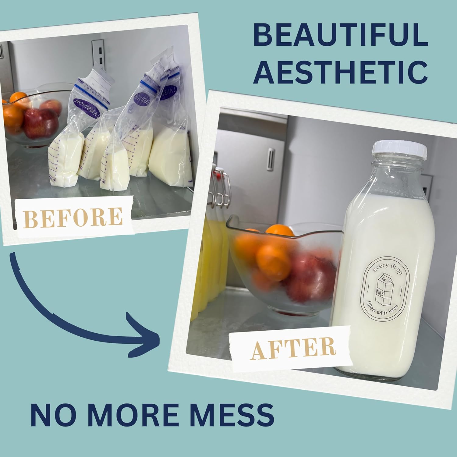 Breast Milk Pitcher with Lid- Set of 2 & Labels-32oz Airtight Leakproof Breastmilk Storage Containers for Fridge- Easy Clean Durable Glass Bottle- Dishwasher Safe Formula Pitcher- Dissolvable Labels - Image 3