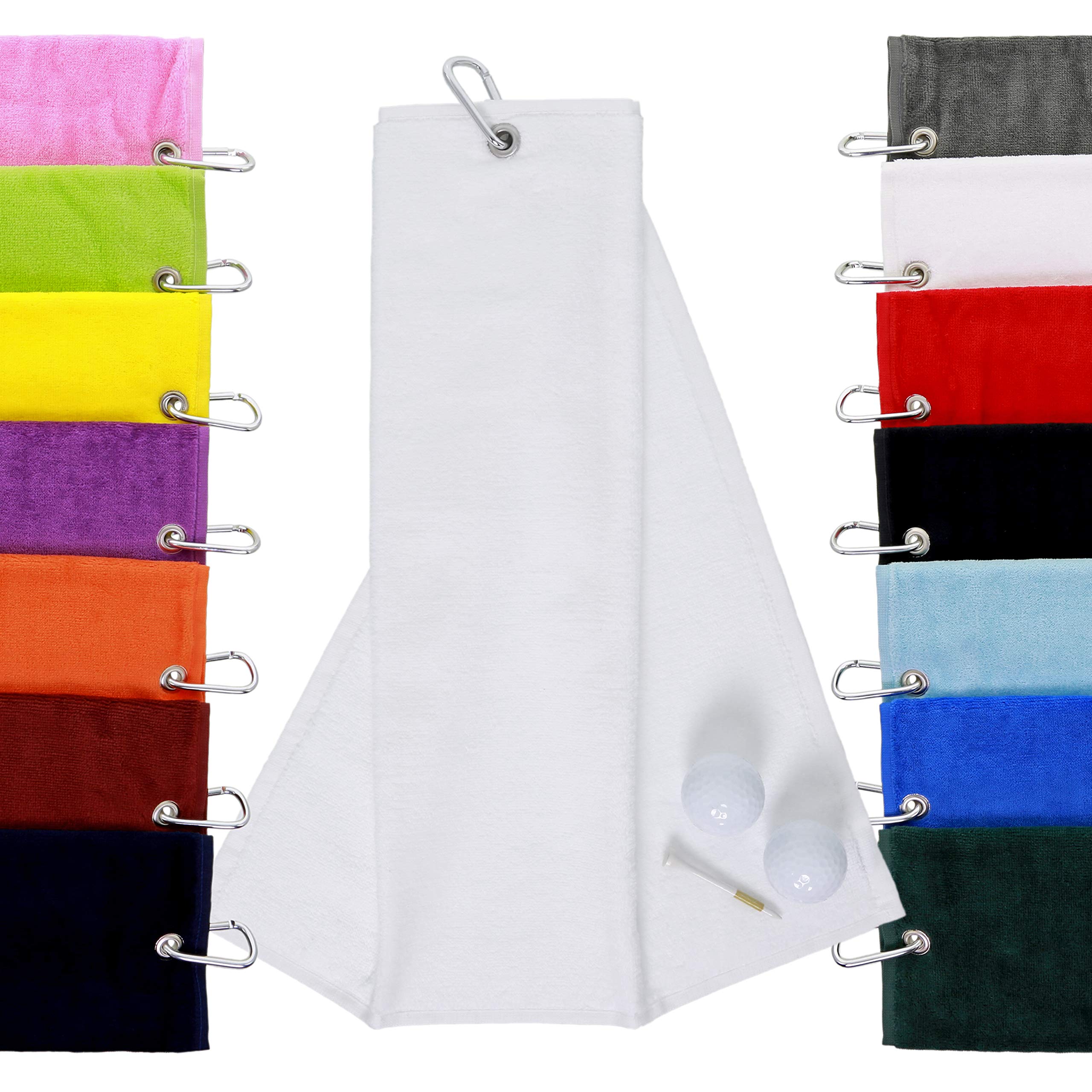 Aztex White Tri-Fold Golf Towel With Carabiner Clip, Cotton Velour, 590Gsm,