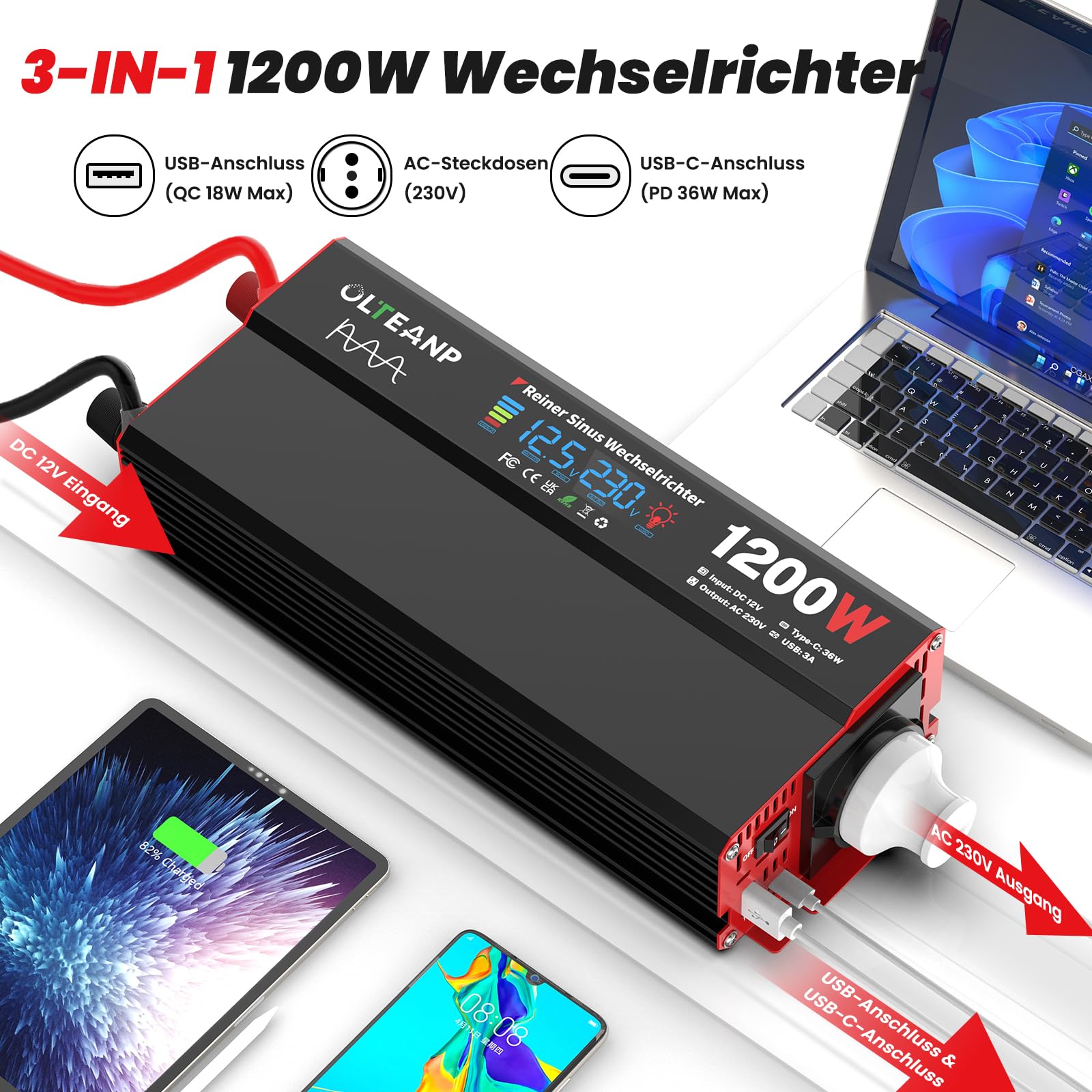OLTEANP Wechselrichter 12V auf 230V Reiner Sinus,Spannungswandler 1200W Inverter mit LCD-Bildschirmanzeige, AC-Steckdosen, 36W Typ-C-Anschluss, 5V/3A USB-Anschluss für LKW,Zuhause,Fahrzeuge