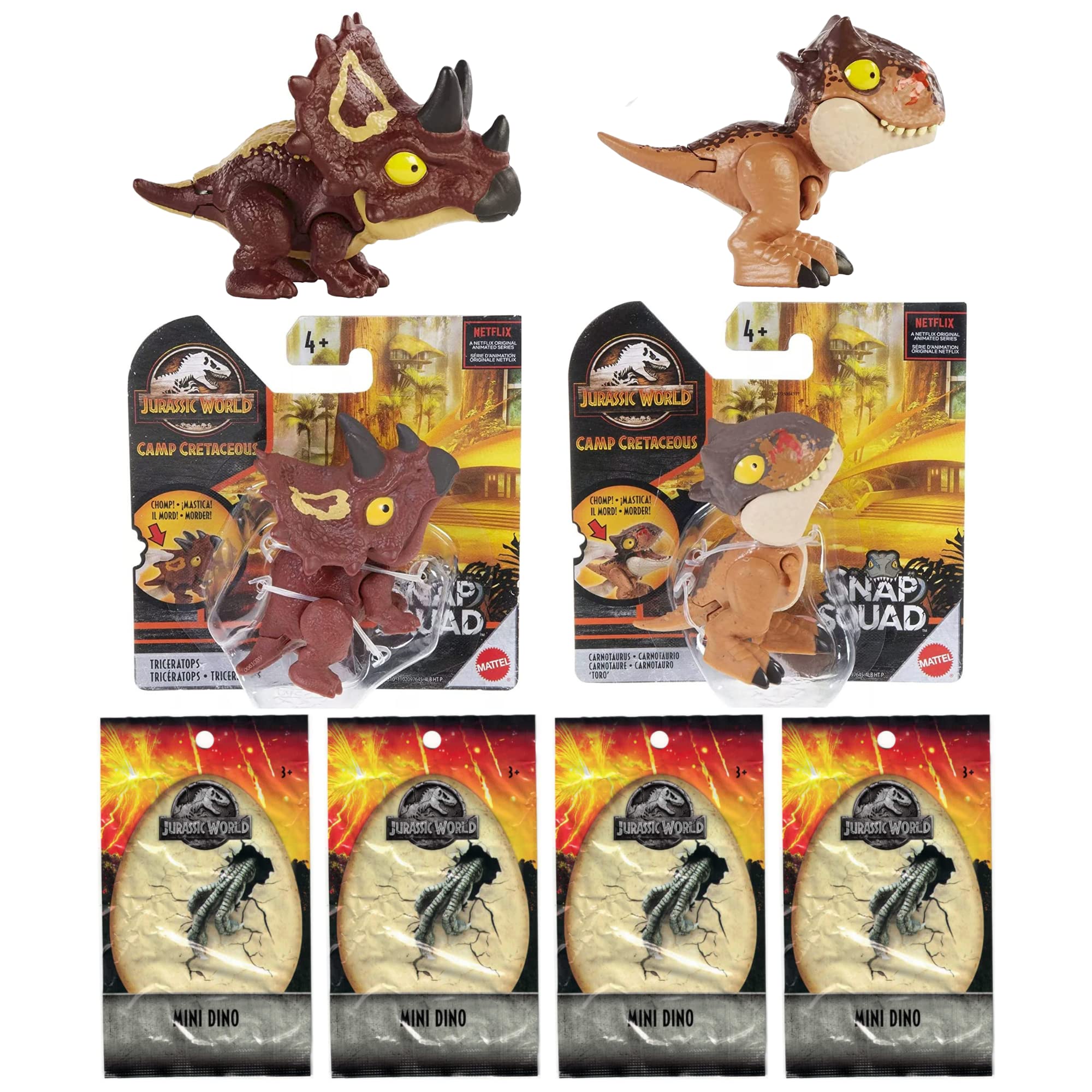 Jurassic World Snap Squad Bundle - 4x Mini Dino's GCL11 Blind Bag 3.5" / 9cm & Snap Squad Triceratops & Carnotaurus