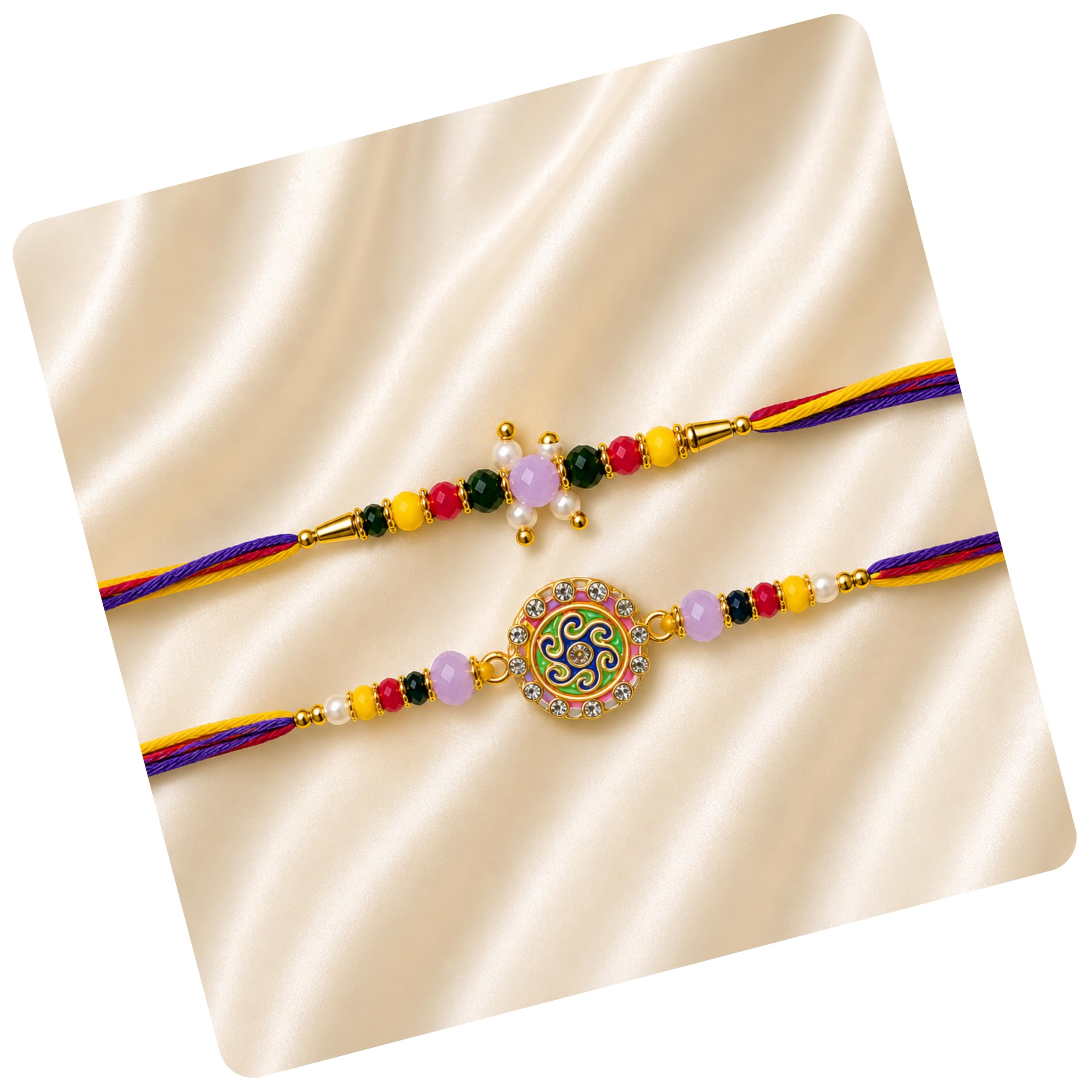 Handmade Designer Rakhi Set of 2 for Brother | Beads & Evil Eye | Traditional Raksha Bandhan Raksha Sutra with Cotton Thread | Skin Friendly Gift for Bhai (Good Luck-Royal Meenakari)-image-9