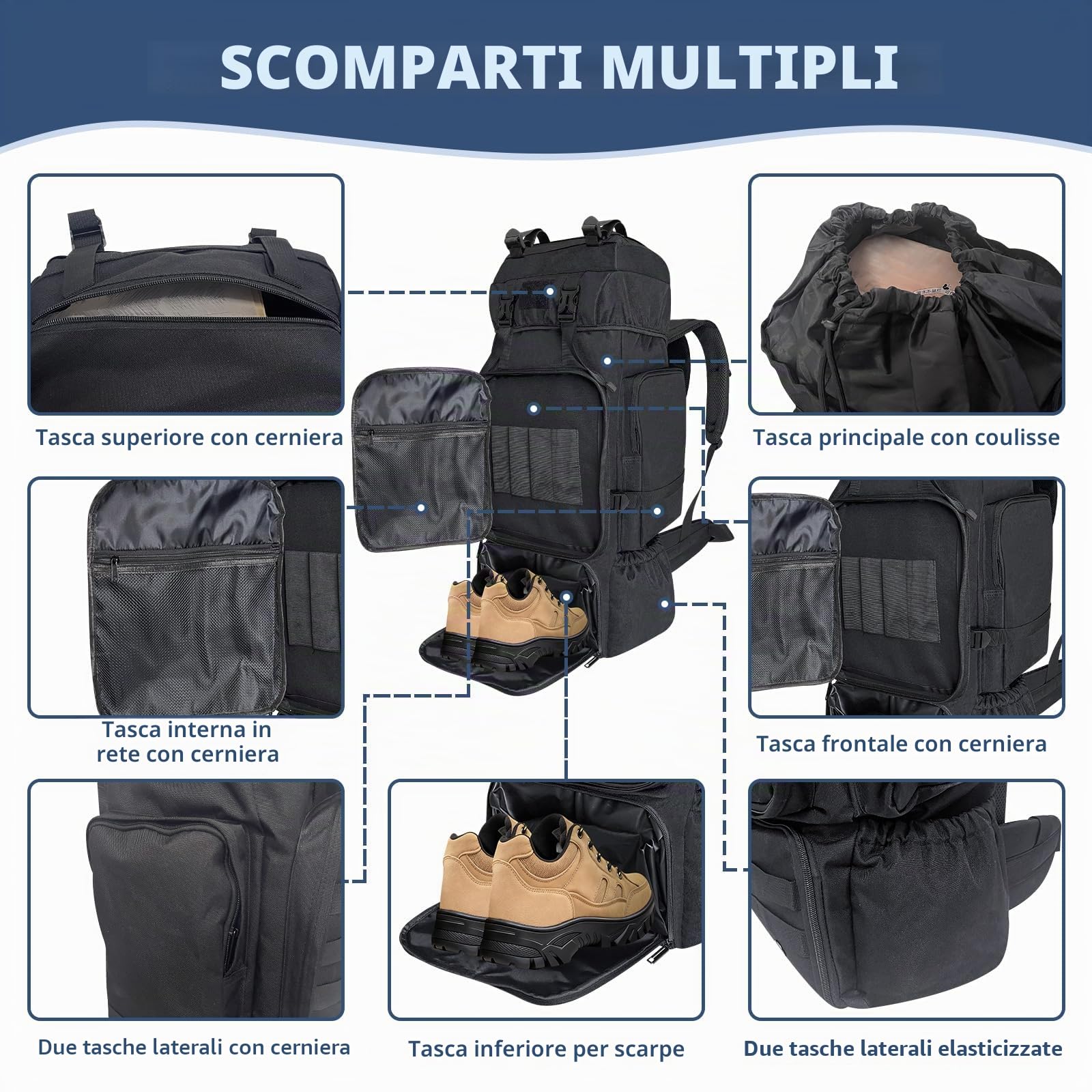 70L Zaino da Trekking per Uomini e Donne, Borsa da Campeggio con Scomparto Scarpe, Grande Zaino Militare Tattico, Zaino Tattico MOLLE per Escursionismo, Viaggio e Sport (Nero)