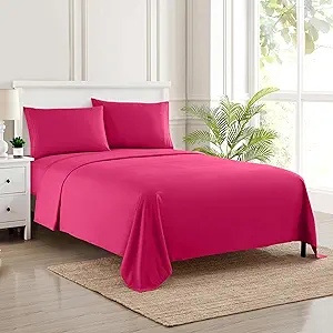 California King Size Sheet Set with Built-in Sheet Straps - Deep Pocket Fitted Sheet, Flat Sheet & Pillowcases - Soft, Wrinkle-Free, Secure Fit - Fuschia