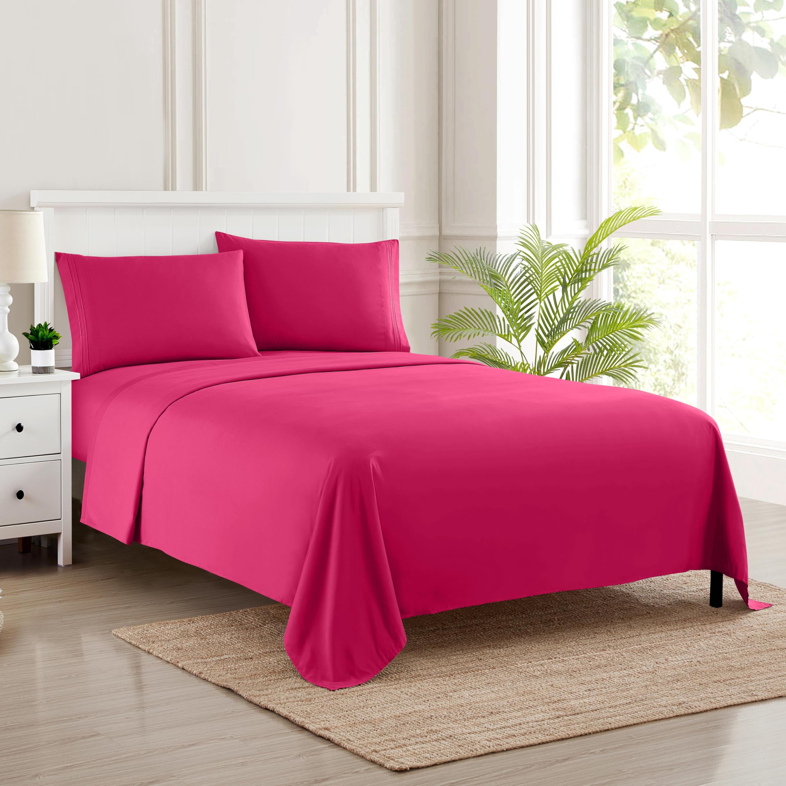 Twin Size Sheet Set with Built-in Sheet Straps - Deep Pocket Fitted Sheet, Flat Sheet & Pillowcases - Soft, Wrinkle-Free, Secure Fit - Fuschia