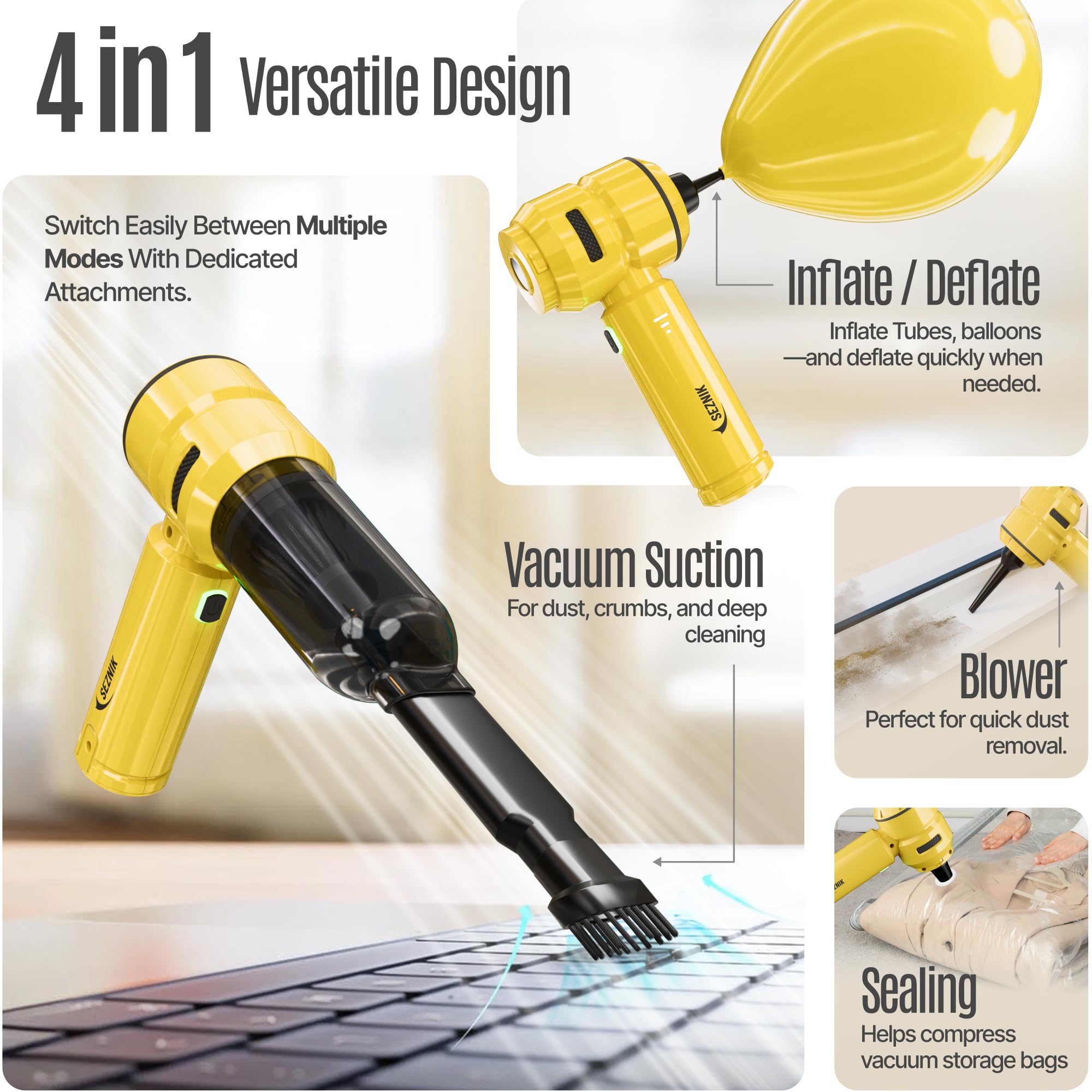 SEZNIK Vacuum Cleaner for Home Use | 4 in 1 Cordless Vacuum Cleaner & Blower | Rechargeable 6000mAh | 3 Speed Suction Upto 15000PA | BLDC Motor | Home & Car Use | 1 Year Warranty image 3